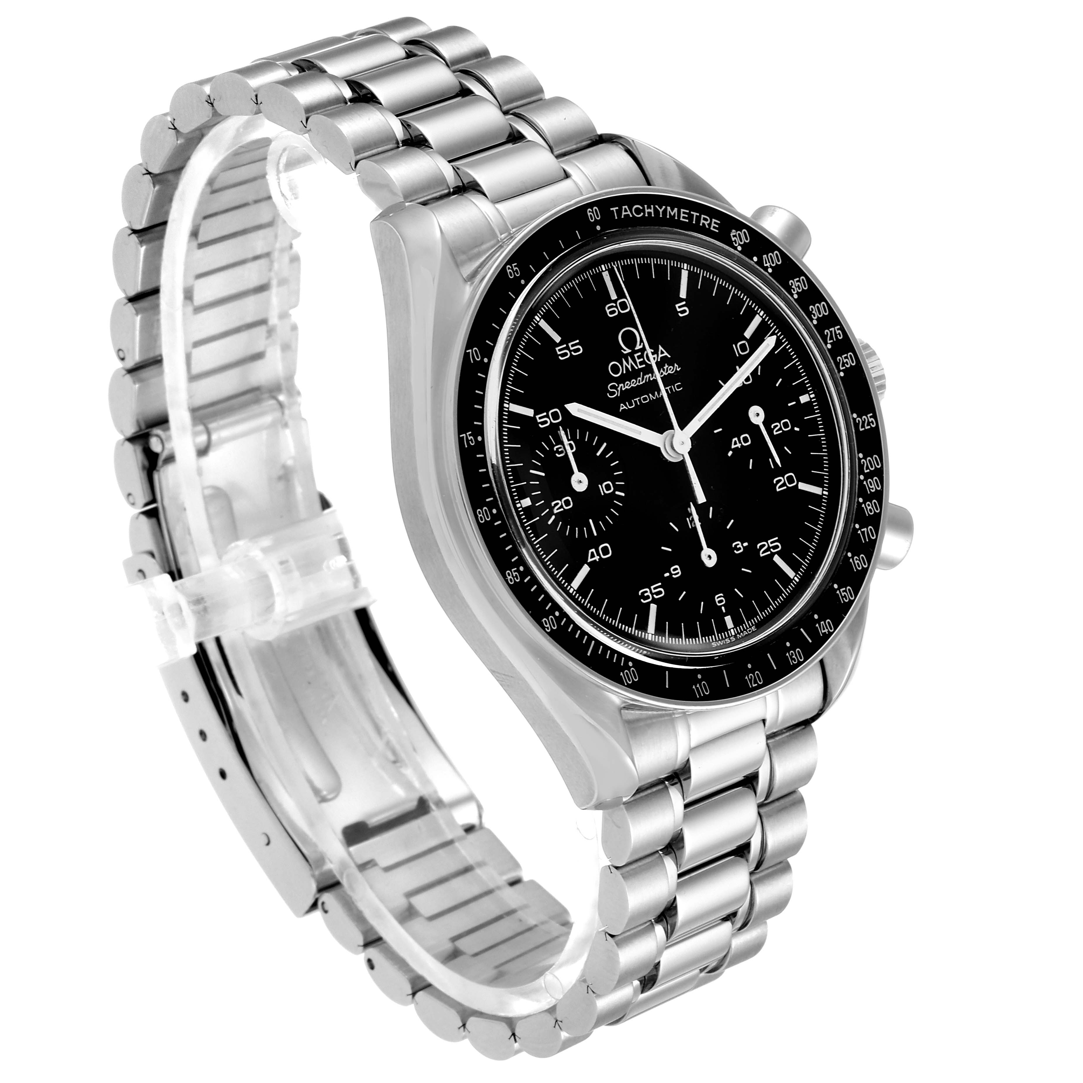 The Omega Speedmaster 3510.50.00 Men
s Stainless Steel Black Dial 3510.50.00 Men
s Stainless Steel Black Dial watch is shown at a slight angle, highlighting its black dial, tachymetre bezel, and metal bracelet.