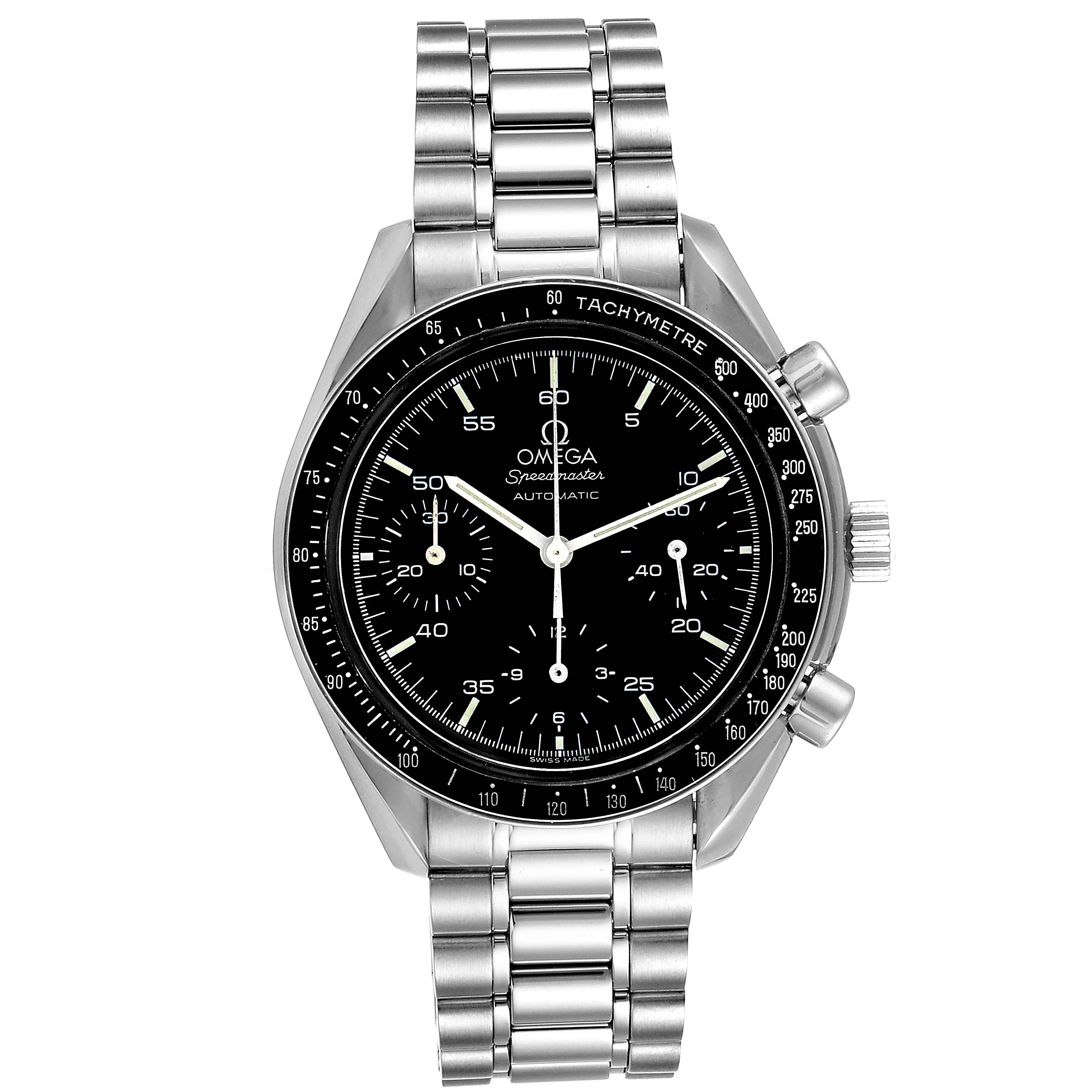 This Omega Speedmaster 3510.50.00 Men
s Stainless Steel Black Dial 3510.50.00 Men
s Stainless Steel Black Dial watch is shown from a front angle, displaying the face, bezel, pushers, crown, and metal bracelet.