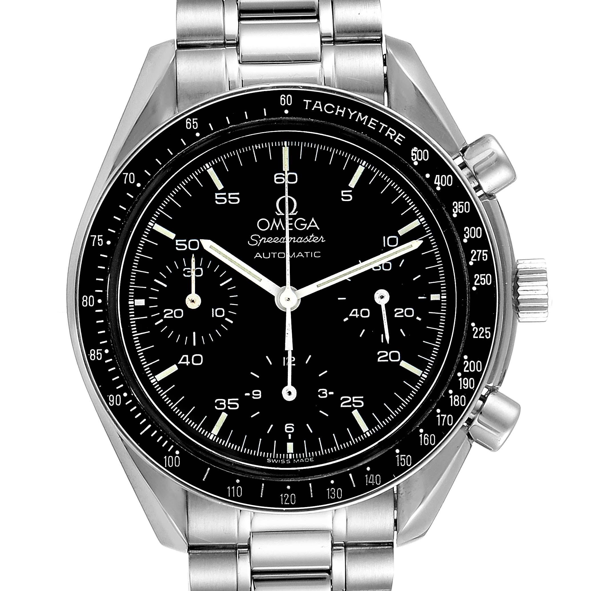 The image shows a front view of an Omega Speedmaster 3510.50.00 Men
s Stainless Steel Black Dial 3510.50.00 Men
s Stainless Steel Black Dial watch, highlighting the dial, tachymeter bezel, and chronograph pushers.