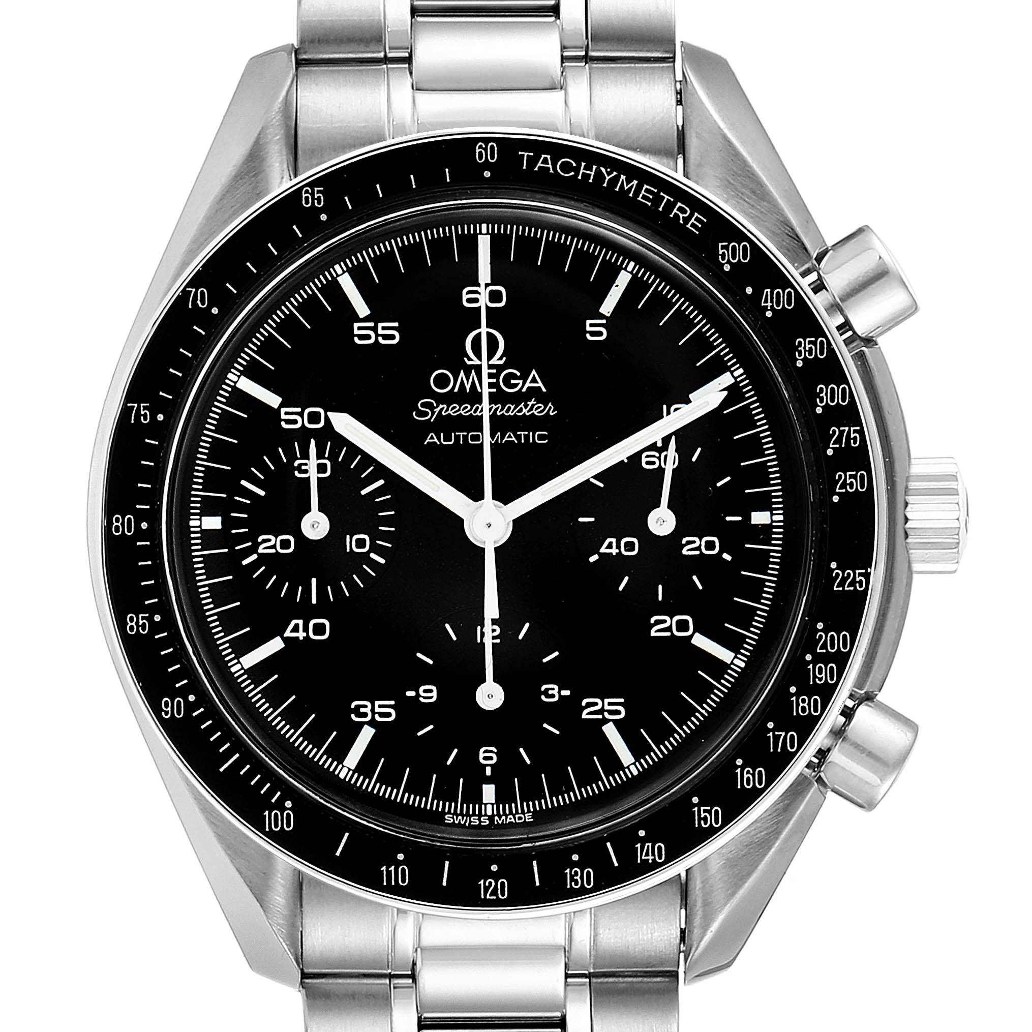 The image shows the front view of an Omega Speedmaster 3510.50.00 Men's Stainless Steel Black Dial 3510.50.00 Men's Stainless Steel Black Dial watch, displaying its black dial, chronograph subdials, and stainless steel bracelet.