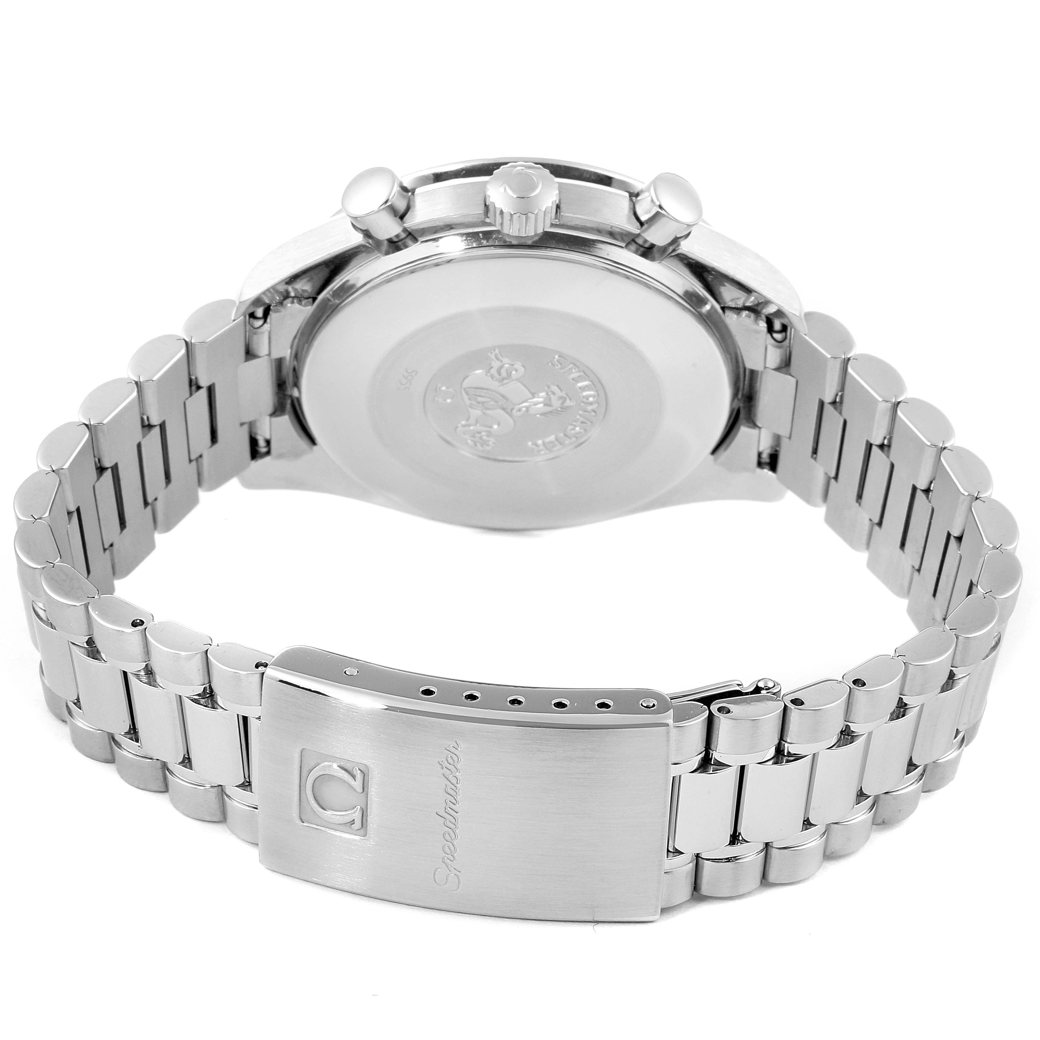 This image shows the back case, crown, pushers, and bracelet clasp of an Omega Speedmaster 3510.50.00 Men's Stainless Steel Black Dial 3510.50.00 Men's Stainless Steel Black Dial watch from a rear angle.