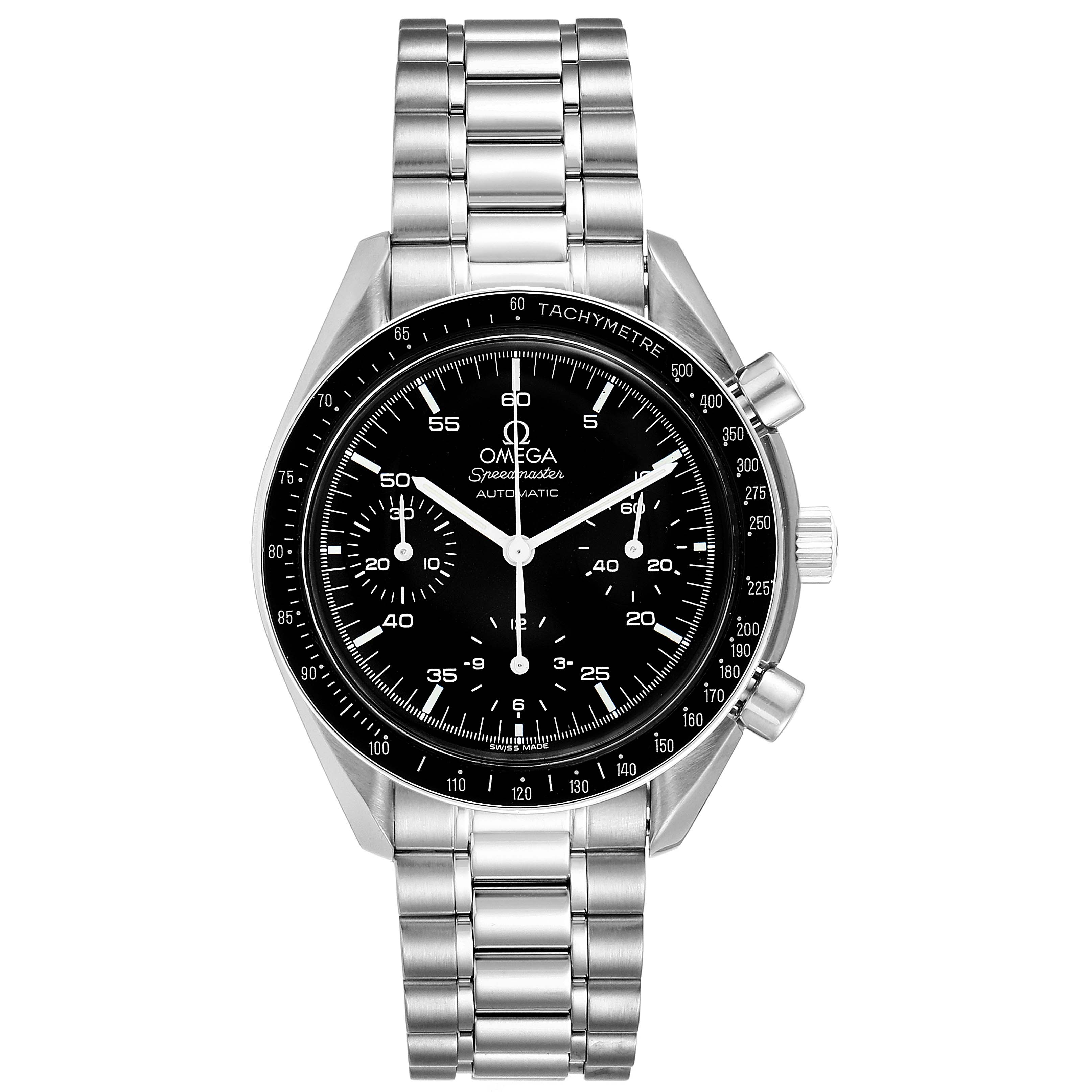 The image shows a front view of an Omega Speedmaster 3510.50.00 Men's Stainless Steel Black Dial 3510.50.00 Men's Stainless Steel Black Dial watch, featuring its dial, bezel, and bracelet.
