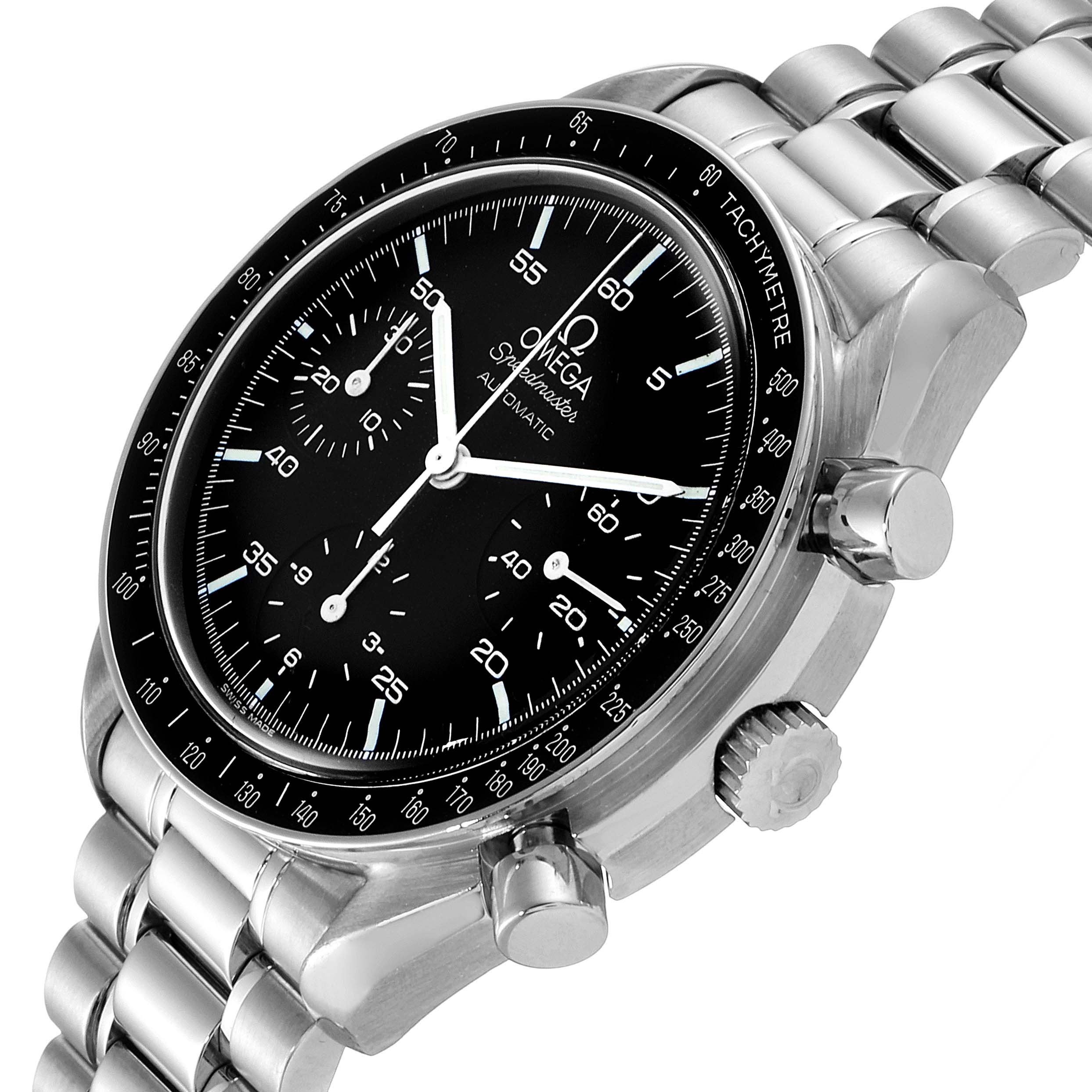 This image shows a three-quarter angle of an Omega Speedmaster 3510.50.00 Men's Stainless Steel Black Dial 3510.50.00 Men's Stainless Steel Black Dial watch highlighting its dial, bezel, and stainless steel bracelet.