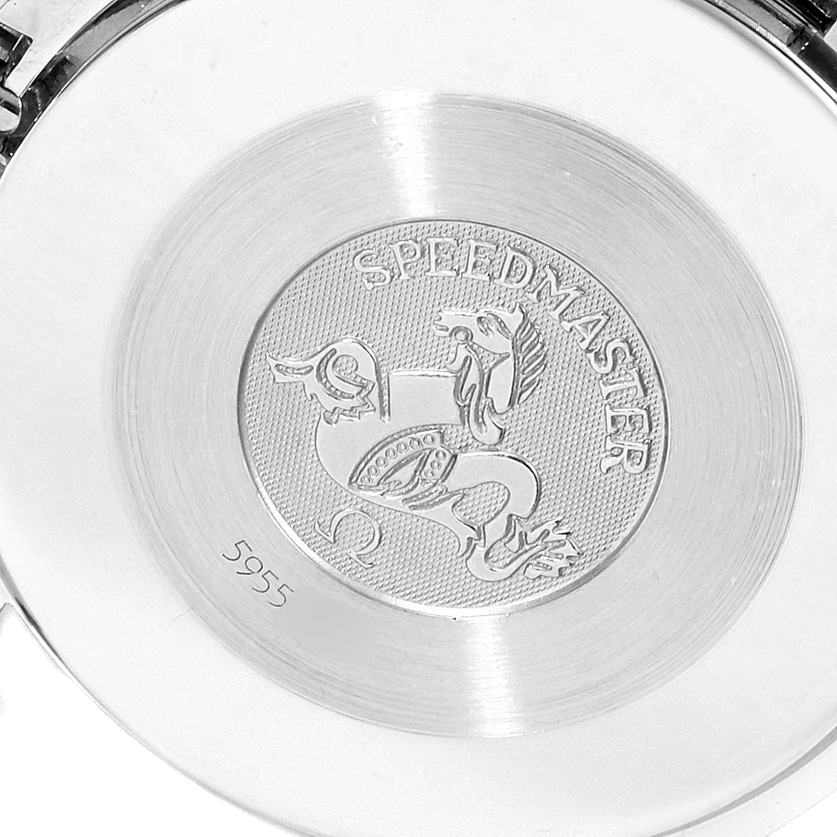 The image shows the case back of an Omega Speedmaster 3510.50.00 Men's Stainless Steel Black Dial 3510.50.00 Men's Stainless Steel Black Dial watch, featuring the engraved logo and some serial numbers.