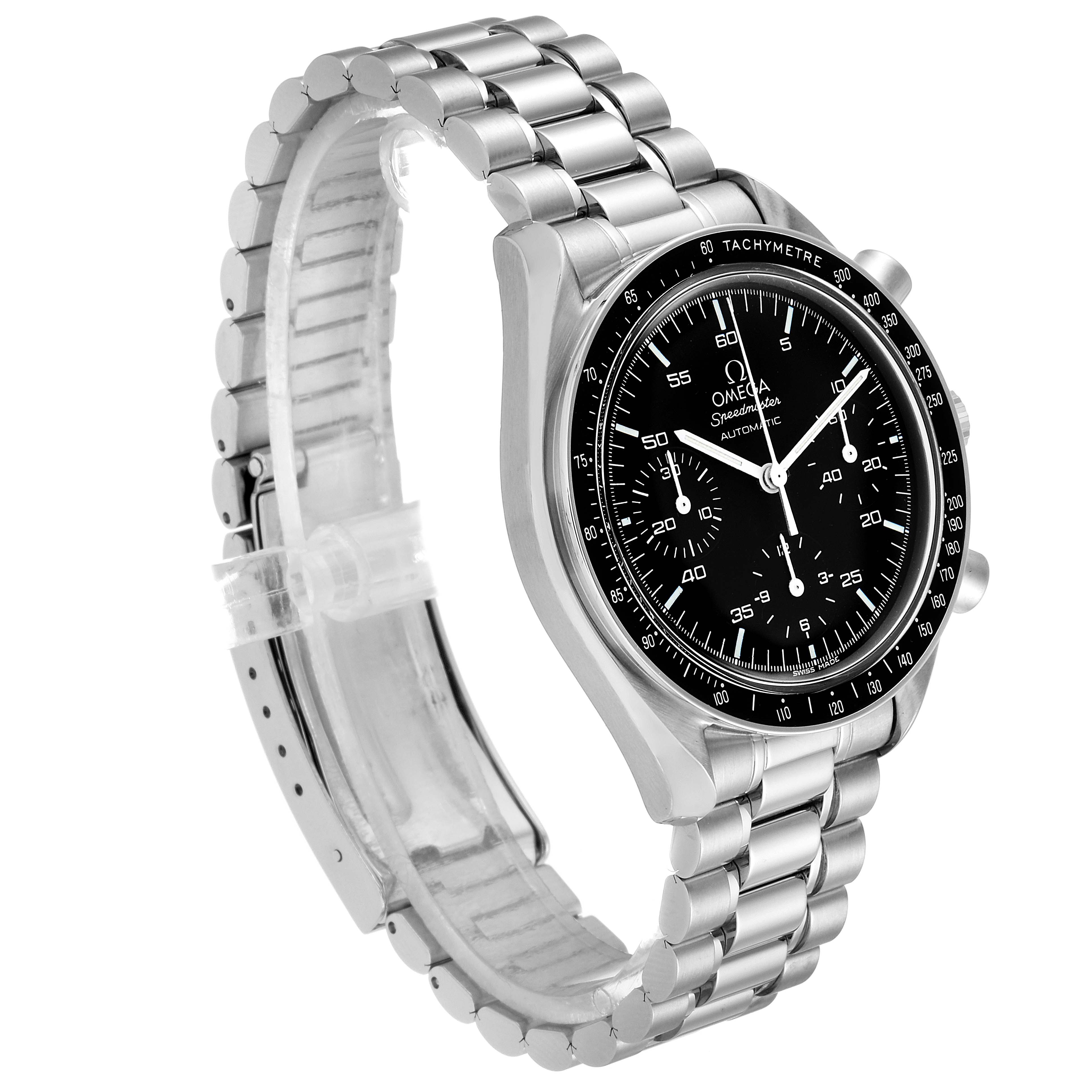 The Omega Speedmaster 3510.50.00 Men's Stainless Steel Black Dial 3510.50.00 Men's Stainless Steel Black Dial watch is shown at a three-quarter angle, displaying its face, tachymeter bezel, and metal bracelet.