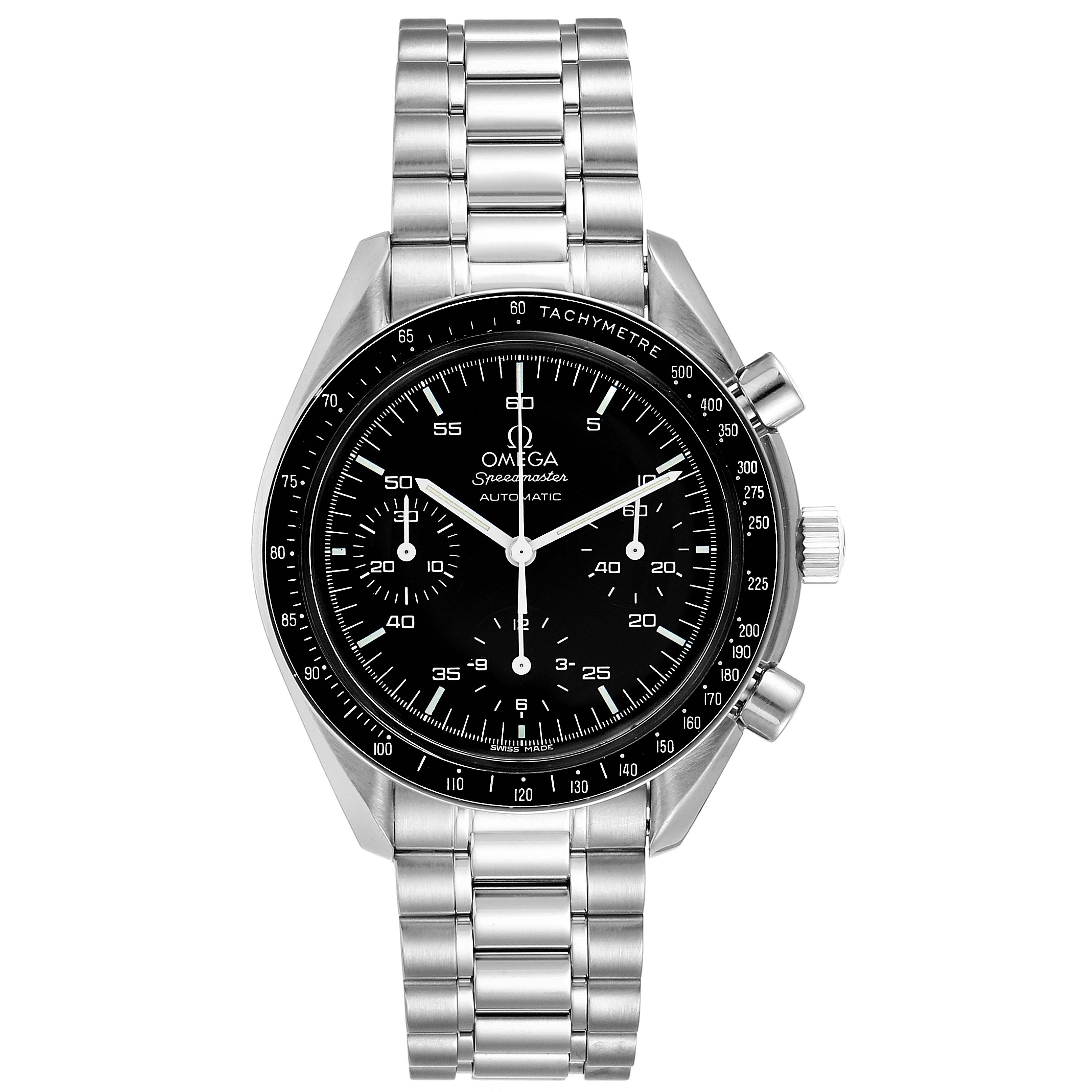 The image shows a frontal view of an Omega Speedmaster 3510.50.00 Men's Stainless Steel Black Dial 3510.50.00 Men's Stainless Steel Black Dial watch, displaying its dial, bezel, and stainless steel band.