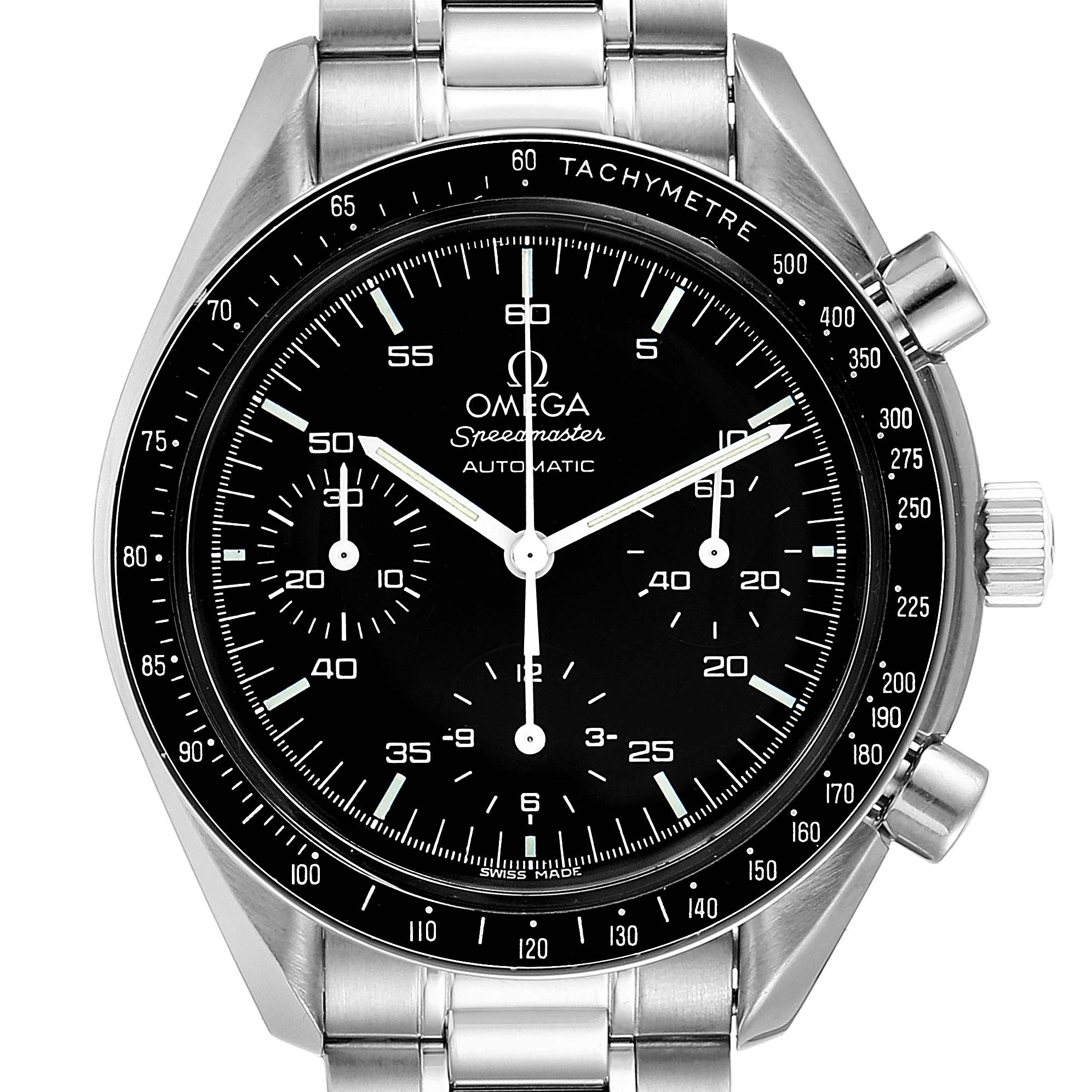 The image shows a front view of the Omega Speedmaster 3510.50.00 Men's Stainless Steel Black Dial 3510.50.00 Men's Stainless Steel Black Dial watch, highlighting its dial, bezel, and bracelet.
