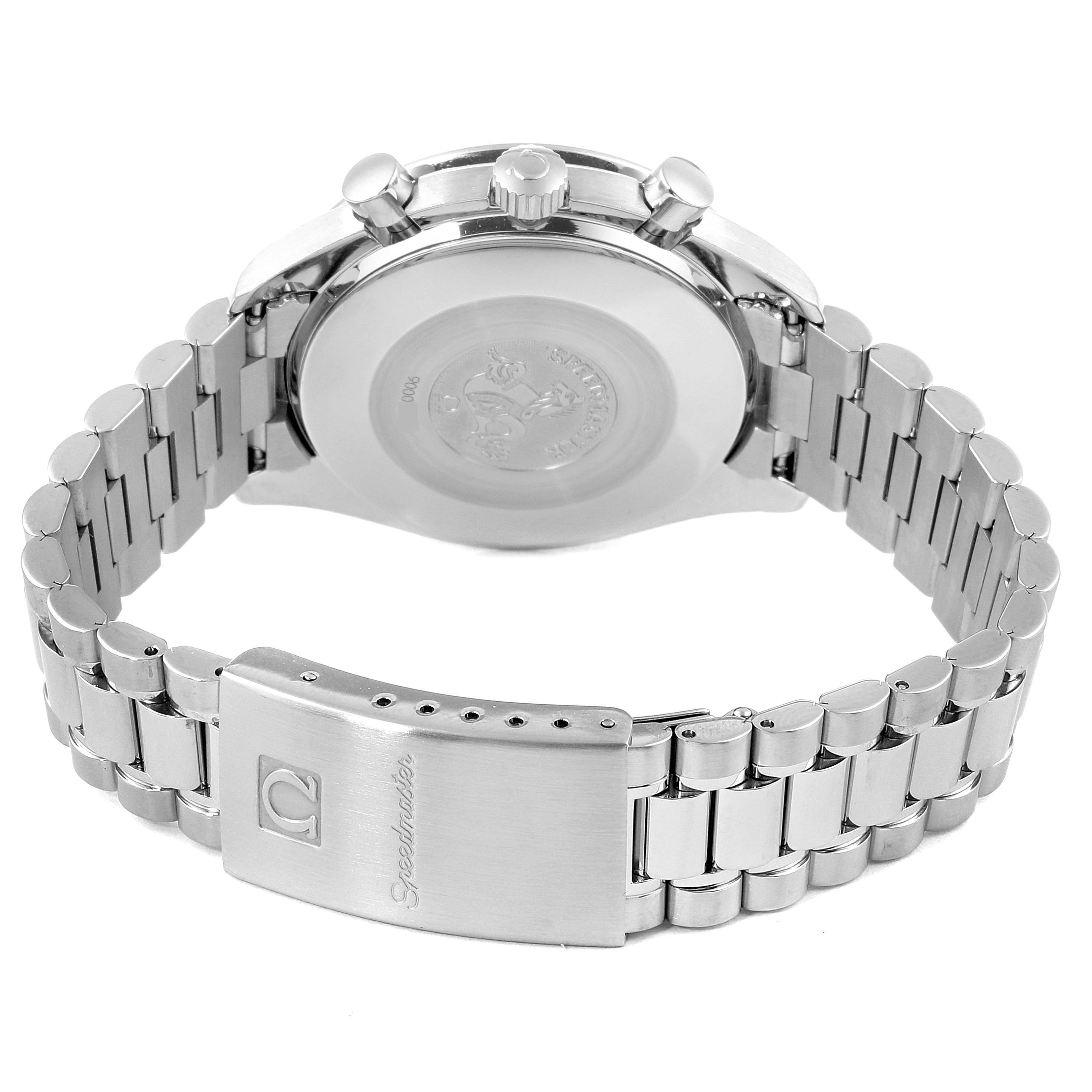 This image shows the back view of an Omega Speedmaster 3510.50.00 Men's Stainless Steel Black Dial 3510.50.00 Men's Stainless Steel Black Dial watch, highlighting its clasp, bracelet, and case back.