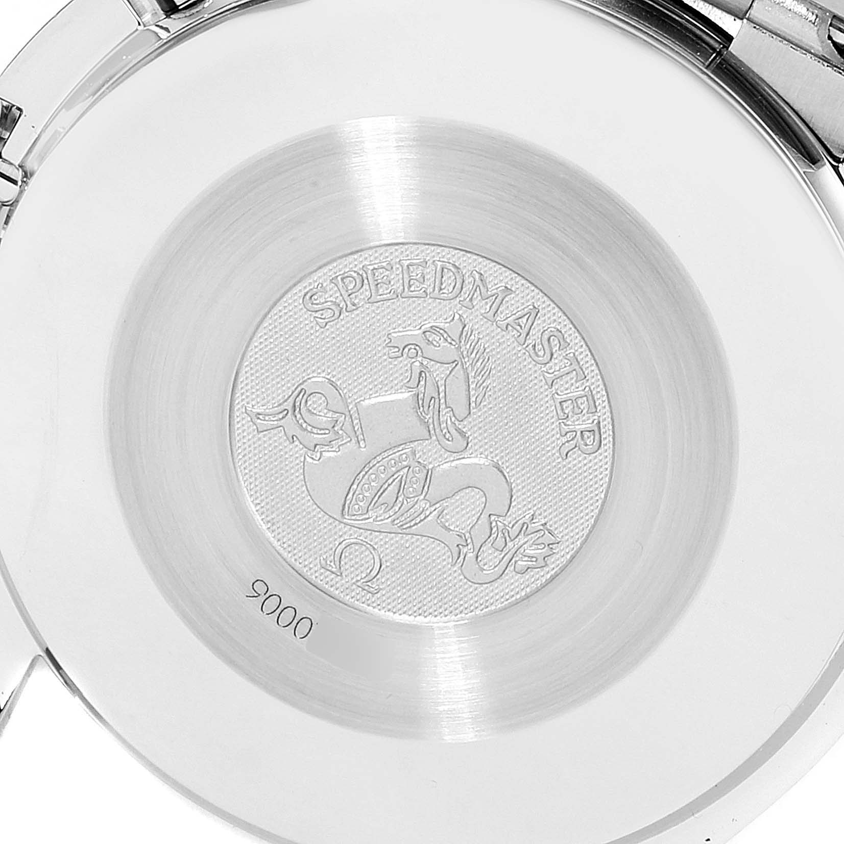 The image shows the engraved case back of an Omega Speedmaster 3510.50.00 Men's Stainless Steel Black Dial 3510.50.00 Men's Stainless Steel Black Dial watch.