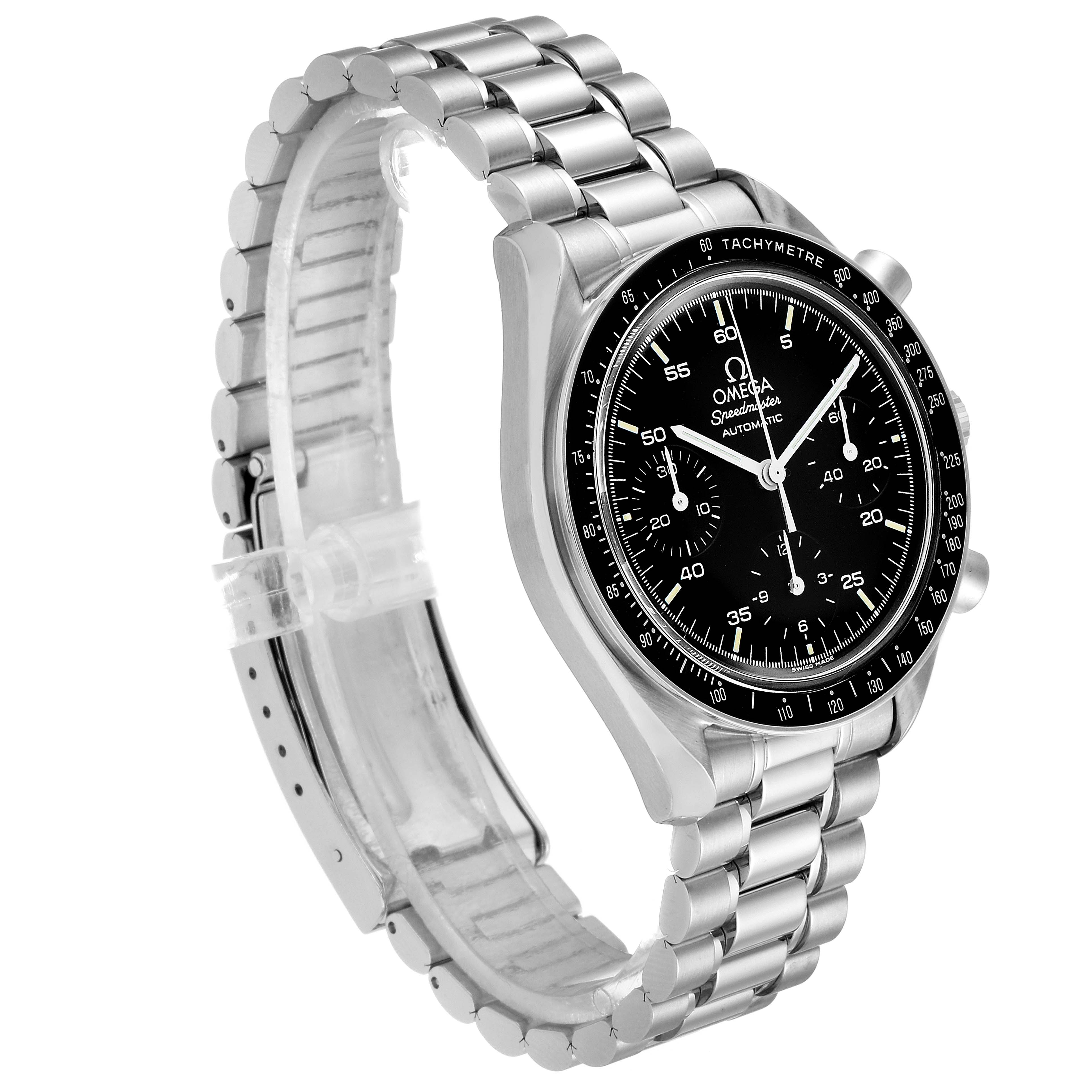 The image shows the Omega Speedmaster 3510.50.00 Men's Stainless Steel Black Dial 3510.50.00 Men's Stainless Steel Black Dial watch at a 45-degree angle, highlighting the face, bezel, and stainless steel bracelet.