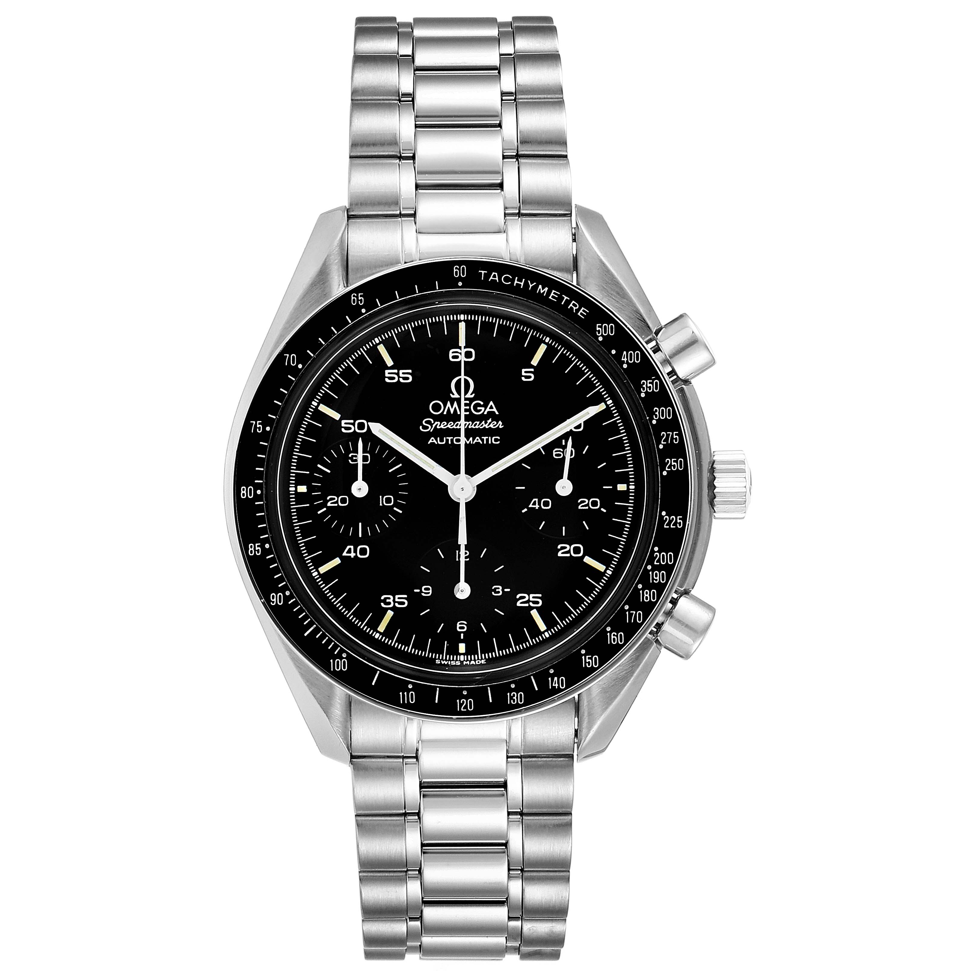 This image shows a front view of an Omega Speedmaster 3510.50.00 Men's Stainless Steel Black Dial 3510.50.00 Men's Stainless Steel Black Dial watch with a stainless steel bracelet and black dial.
