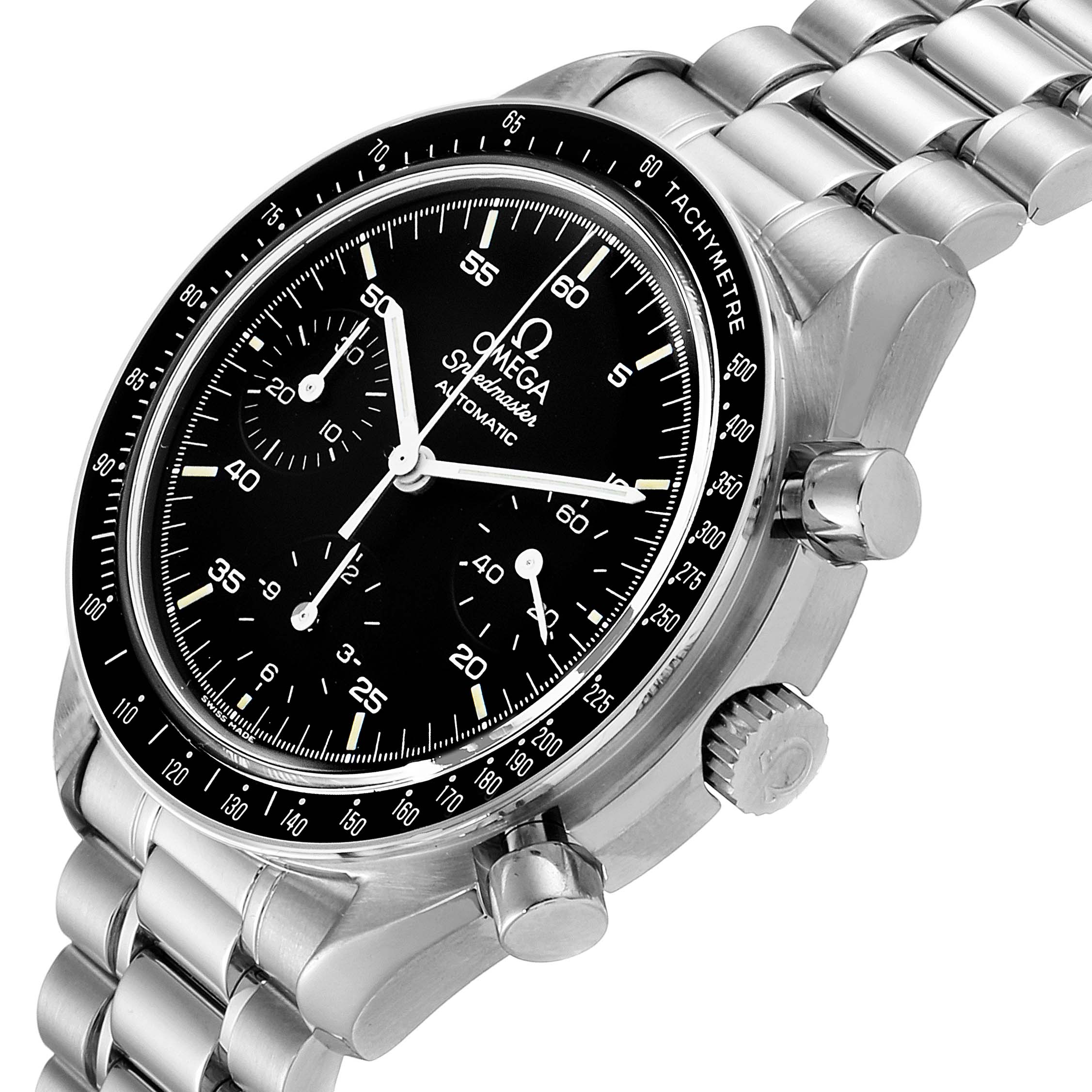 The image shows an angled view of the Omega Speedmaster 3510.50.00 Men's Stainless Steel Black Dial 3510.50.00 Men's Stainless Steel Black Dial, displaying its black dial, chronograph subdials, tachymeter bezel, and stainless steel bracelet.