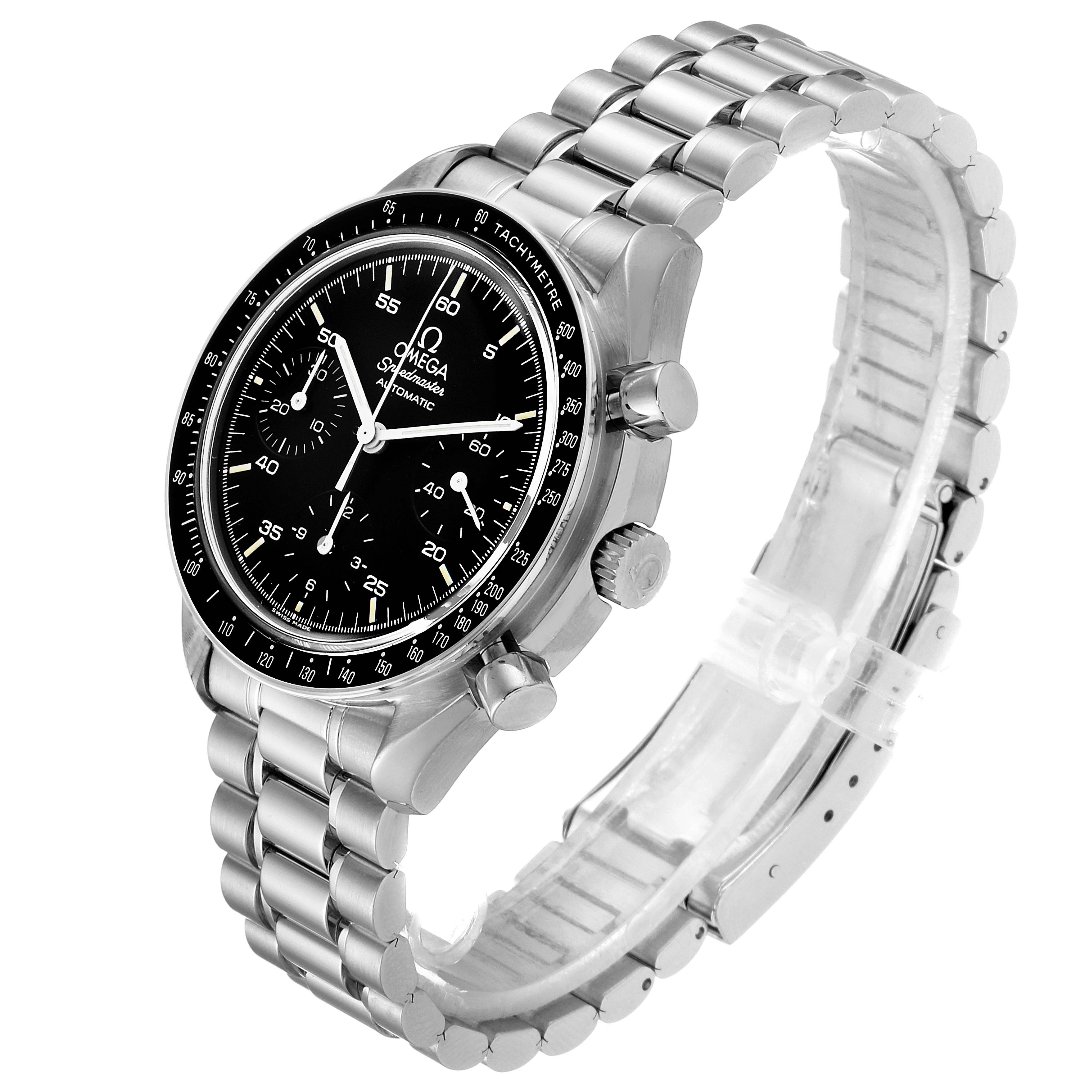 The image shows an Omega Speedmaster 3510.50.00 Men's Stainless Steel Black Dial 3510.50.00 Men's Stainless Steel Black Dial watch at an angle, displaying the face, bezel, crown, pushers, and bracelet.
