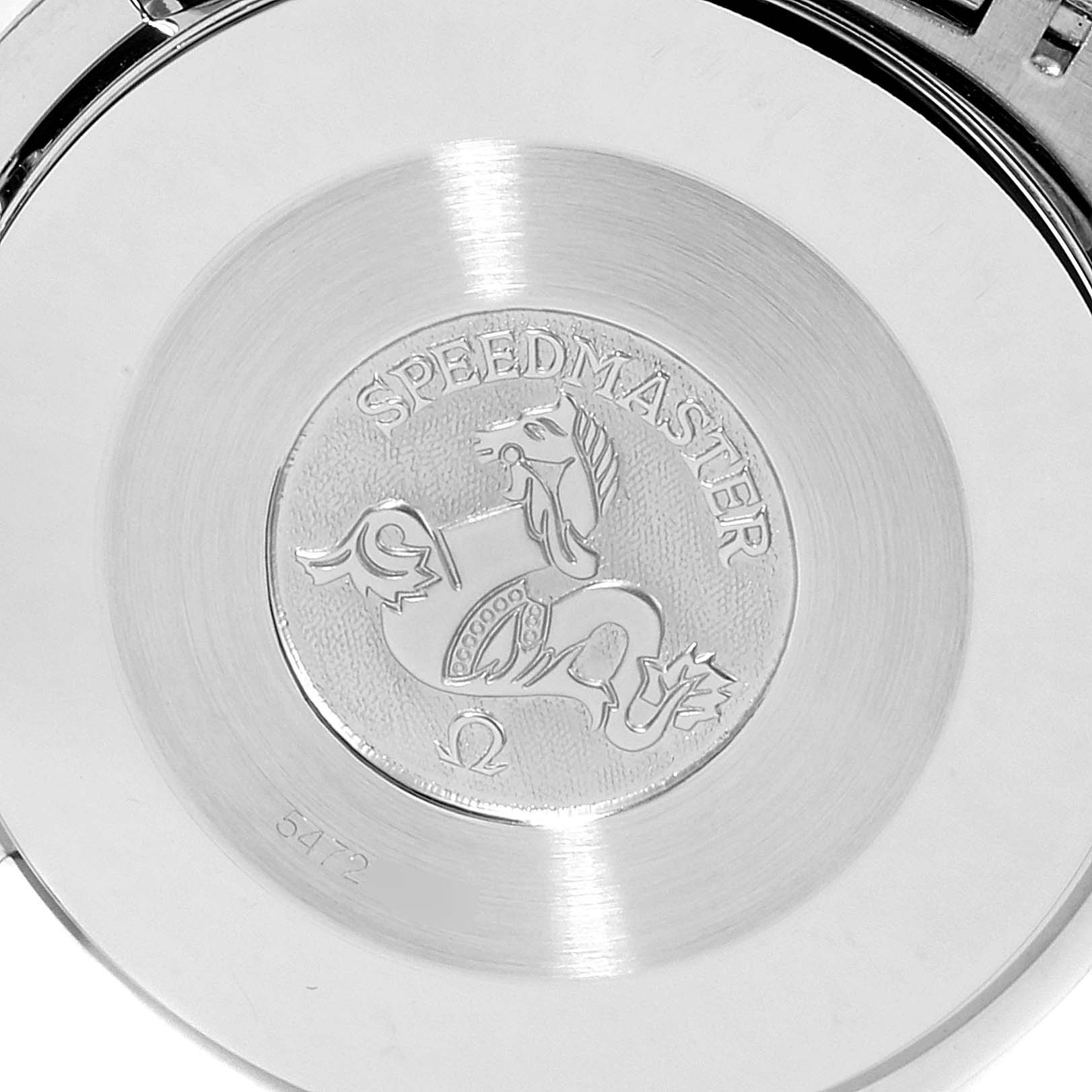 This image shows the back case of an Omega Speedmaster 3510.50.00 Men's Stainless Steel Black Dial 3510.50.00 Men's Stainless Steel Black Dial watch featuring the engraved emblem.