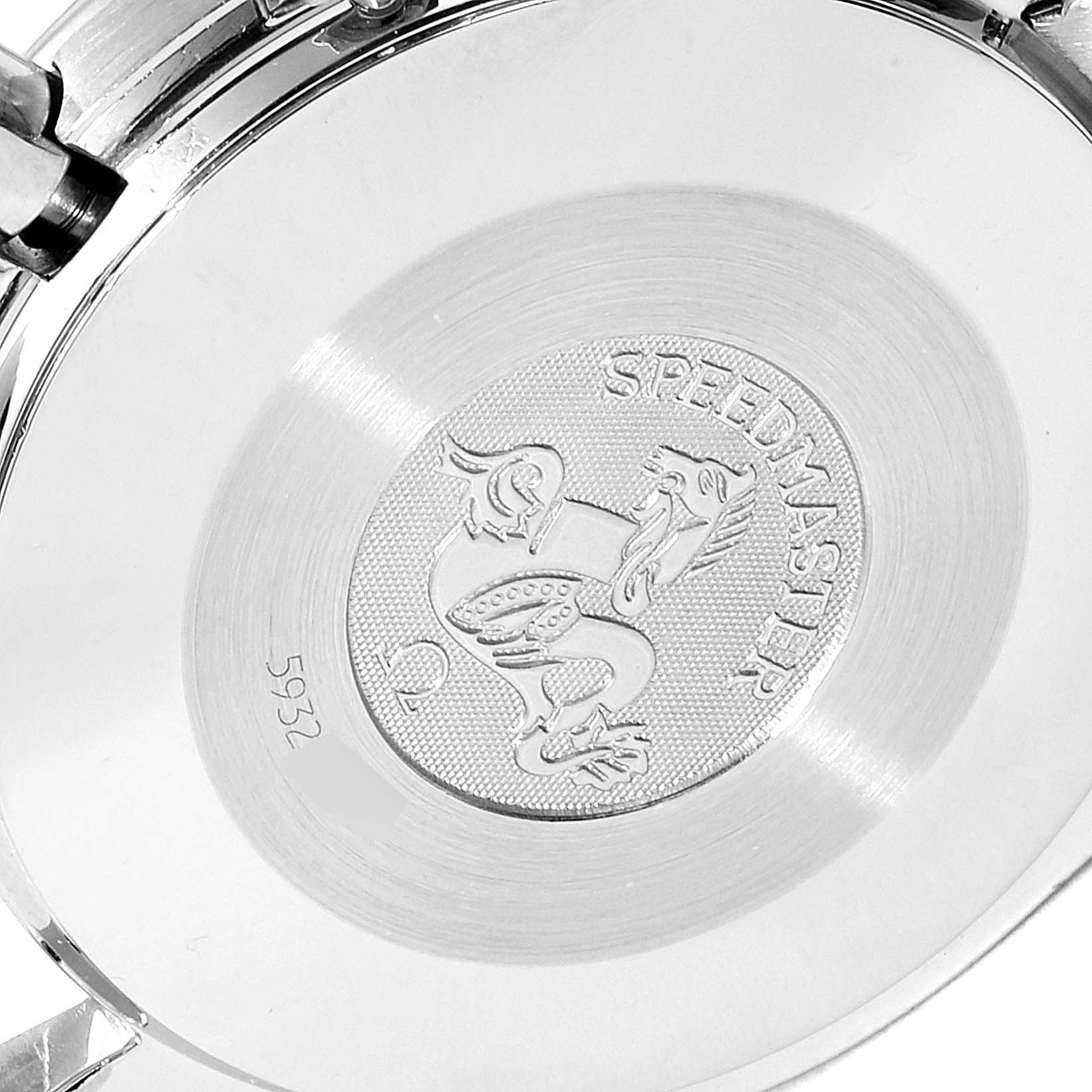 The image shows the case back of an Omega Speedmaster 3510.50.00 Men's Stainless Steel Black Dial 3510.50.00 Men's Stainless Steel Black Dial watch, featuring the Speedmaster logo and an engraving.