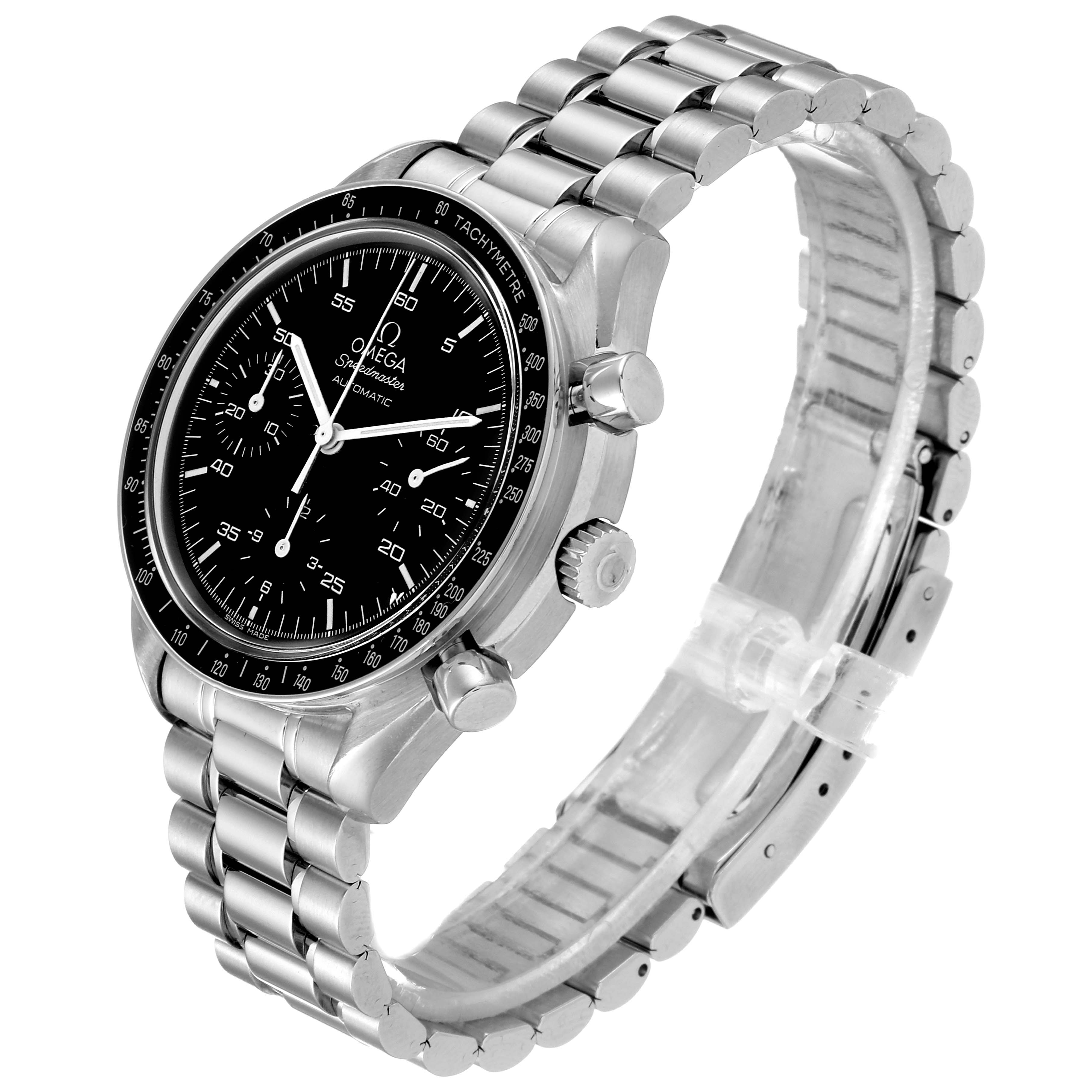 The Omega Speedmaster 3510.50.00 Men's Stainless Steel Black Dial 3510.50.00 Men's Stainless Steel Black Dial watch photo shows a three-quarter angle, displaying the face, bracelet, and side buttons.