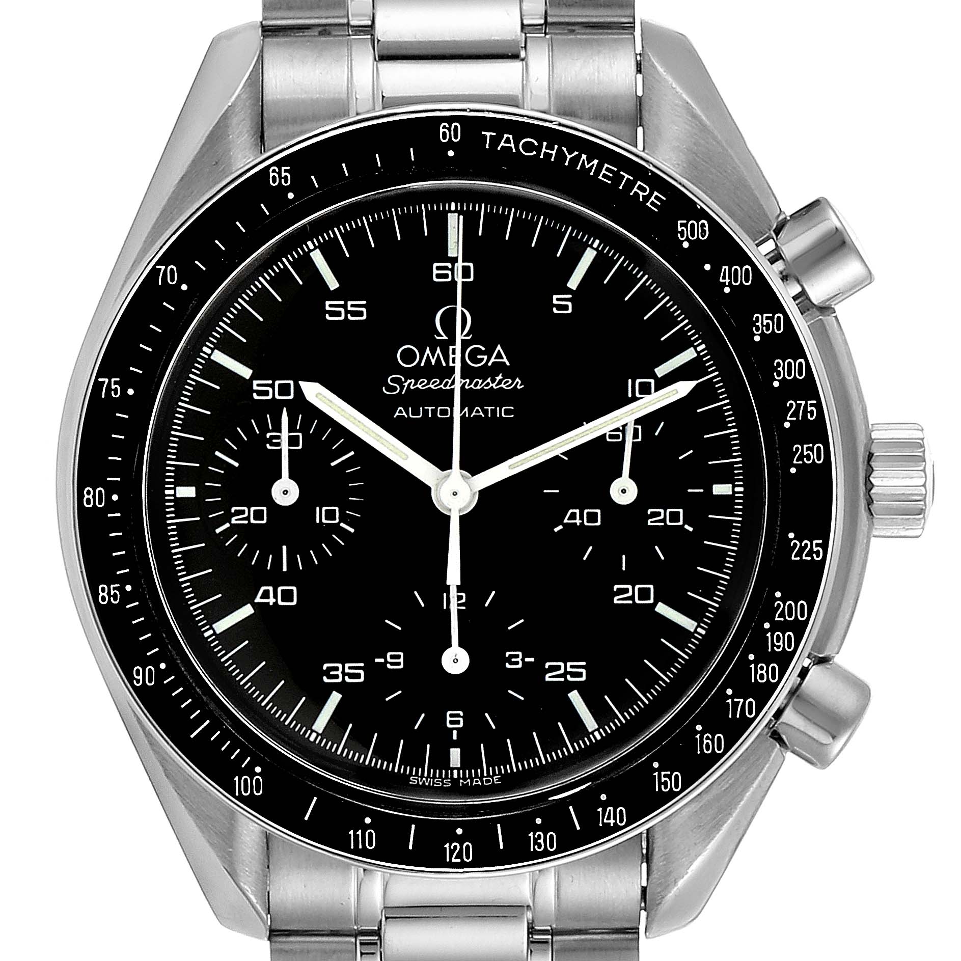 The Omega Speedmaster 3510.50.00 Men's Stainless Steel Black Dial 3510.50.00 Men's Stainless Steel Black Dial watch is shown from a front angle, displaying the dial, bezel, and part of the bracelet.