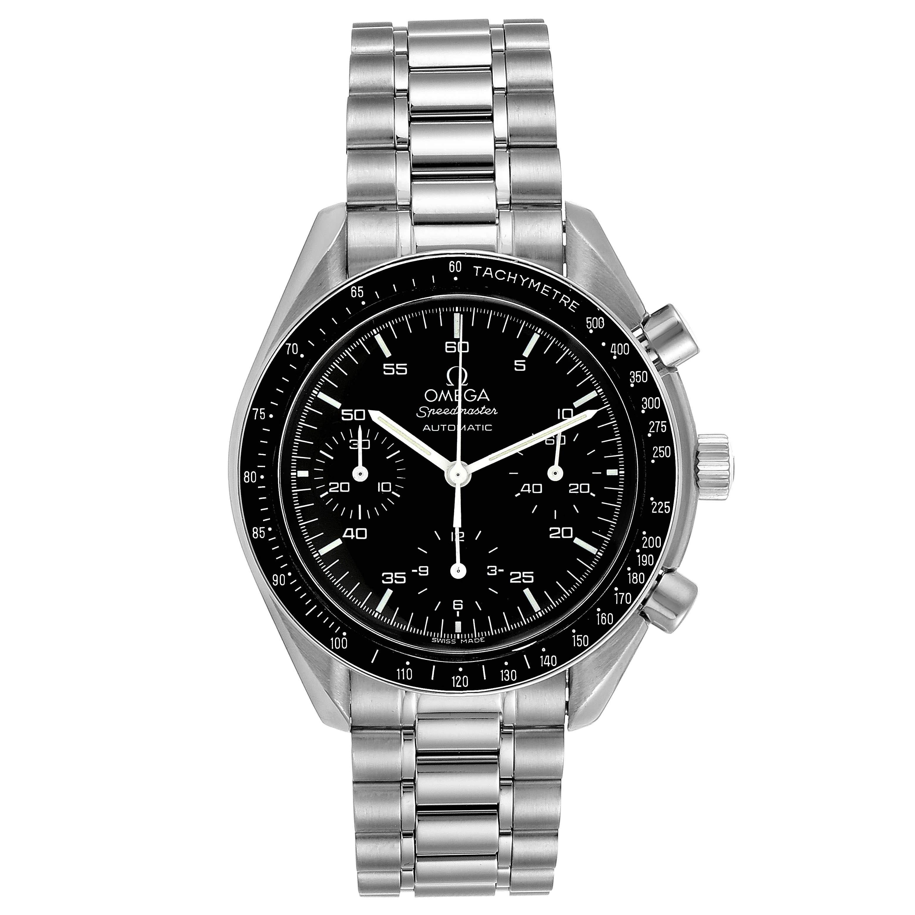 The image shows a frontal view of the Omega Speedmaster 3510.50.00 Men's Stainless Steel Black Dial 3510.50.00 Men's Stainless Steel Black Dial watch, displaying its face, bracelet, and chronograph buttons.