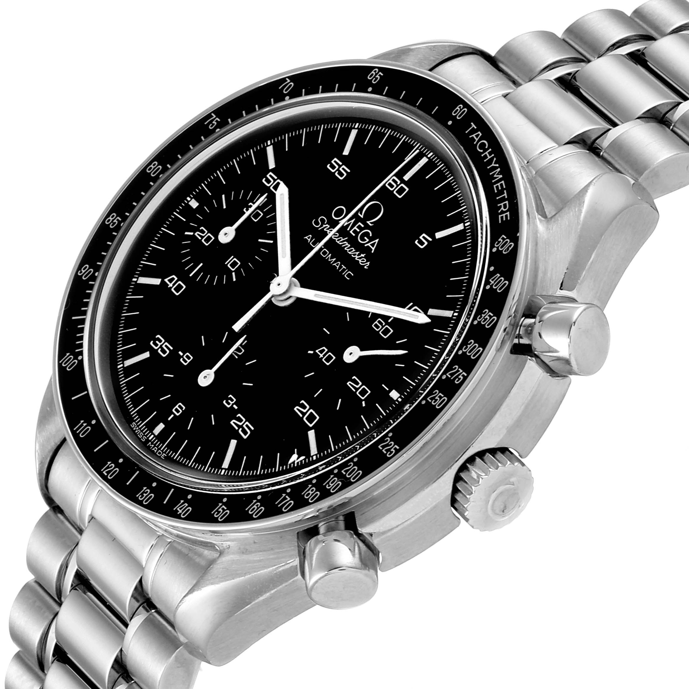 The image shows a close-up view of the Omega Speedmaster 3510.50.00 Men's Stainless Steel Black Dial 3510.50.00 Men's Stainless Steel Black Dial watch, highlighting its dial, bezel, crown, and bracelet.