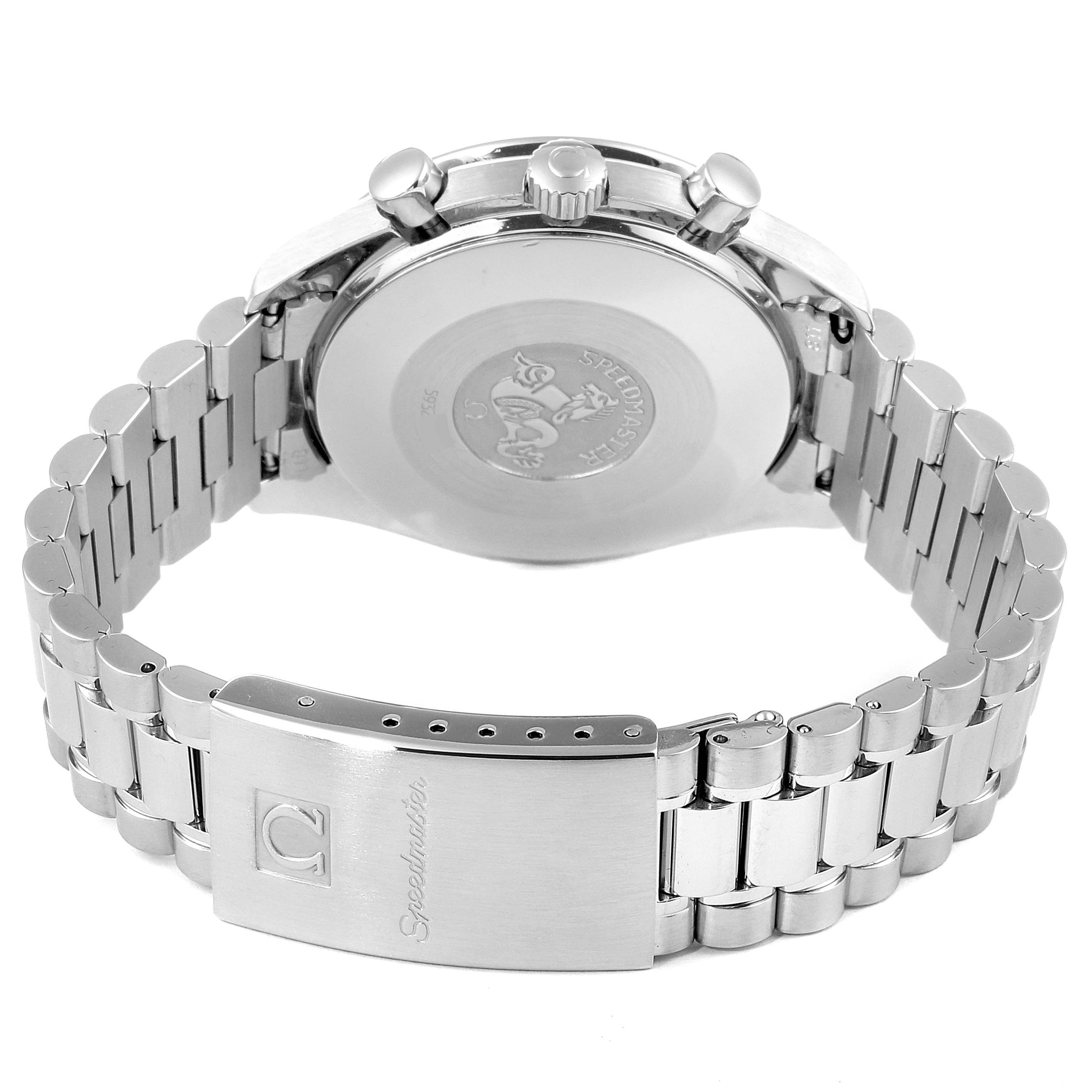 The image shows the backside and bracelet clasp of an Omega Speedmaster 3510.50.00 Men's Stainless Steel Black Dial 3510.50.00 Men's Stainless Steel Black Dial watch.