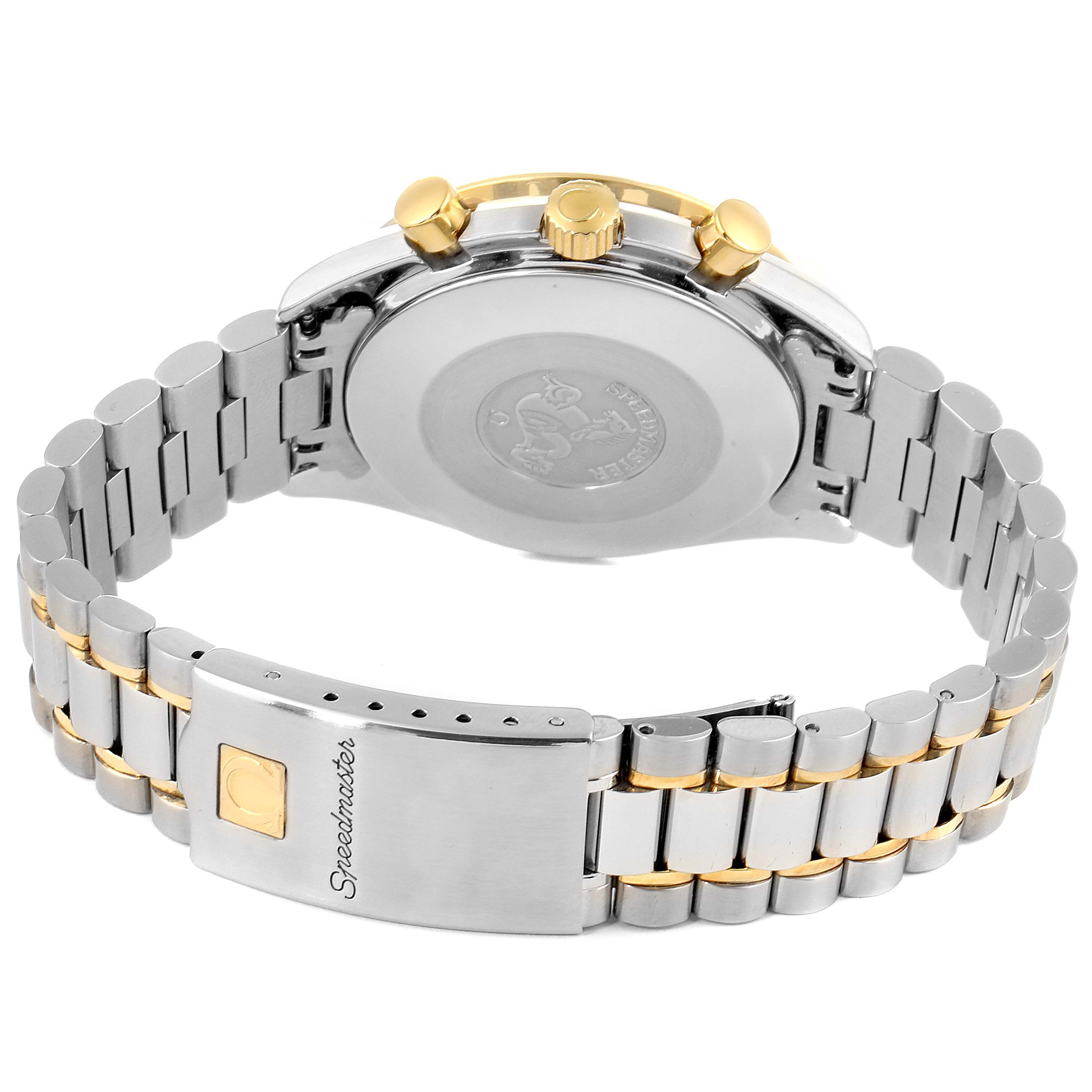 This image shows the back case and stainless steel bracelet of the Omega Speedmaster 3310.10.00 Men's Steel and Gold (two tone) Champagne Dial 3310.10.00 Men's Steel and Gold (two tone) Champagne Dial watch.
