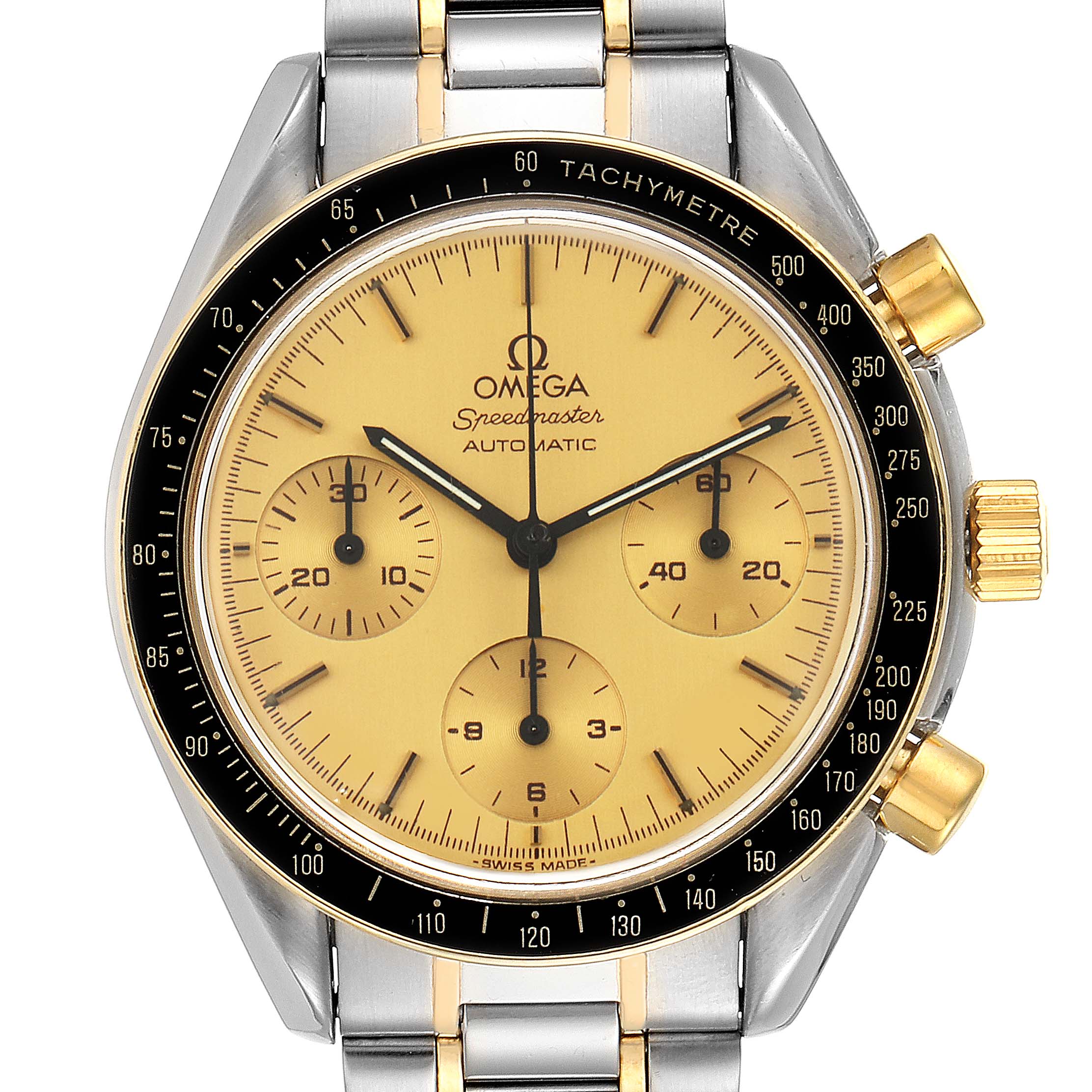 The image shows a frontal view of an Omega Speedmaster 3310.10.00 Men's Steel and Gold (two tone) Champagne Dial 3310.10.00 Men's Steel and Gold (two tone) Champagne Dial watch, highlighting its yellow dial, chronograph subdials, and stainless steel bracelet.