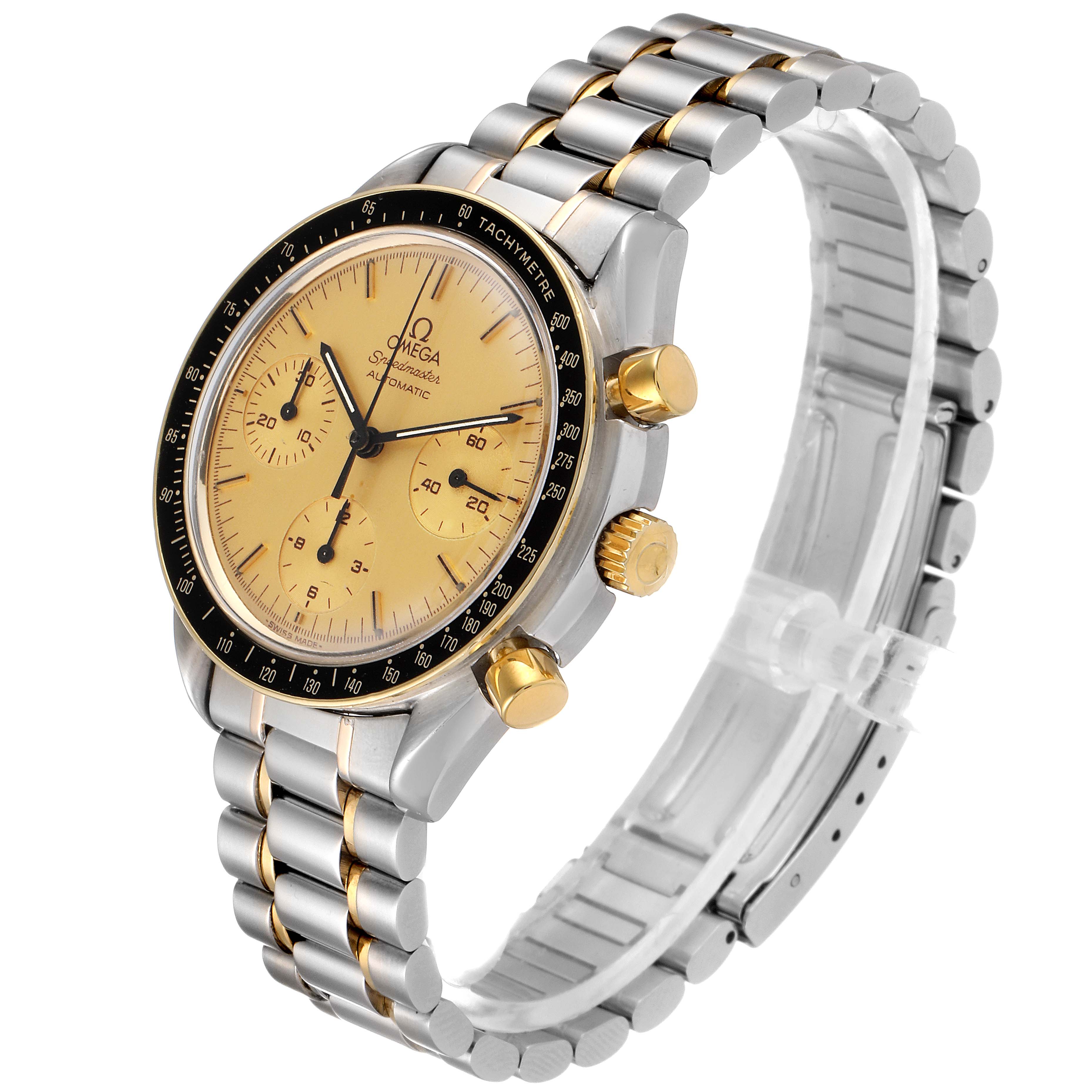 The Omega Speedmaster 3310.10.00 Men's Steel and Gold (two tone) Champagne Dial 3310.10.00 Men's Steel and Gold (two tone) Champagne Dial watch is shown at a three-quarter angle, displaying the dial, bezel, and bi-metal bracelet.