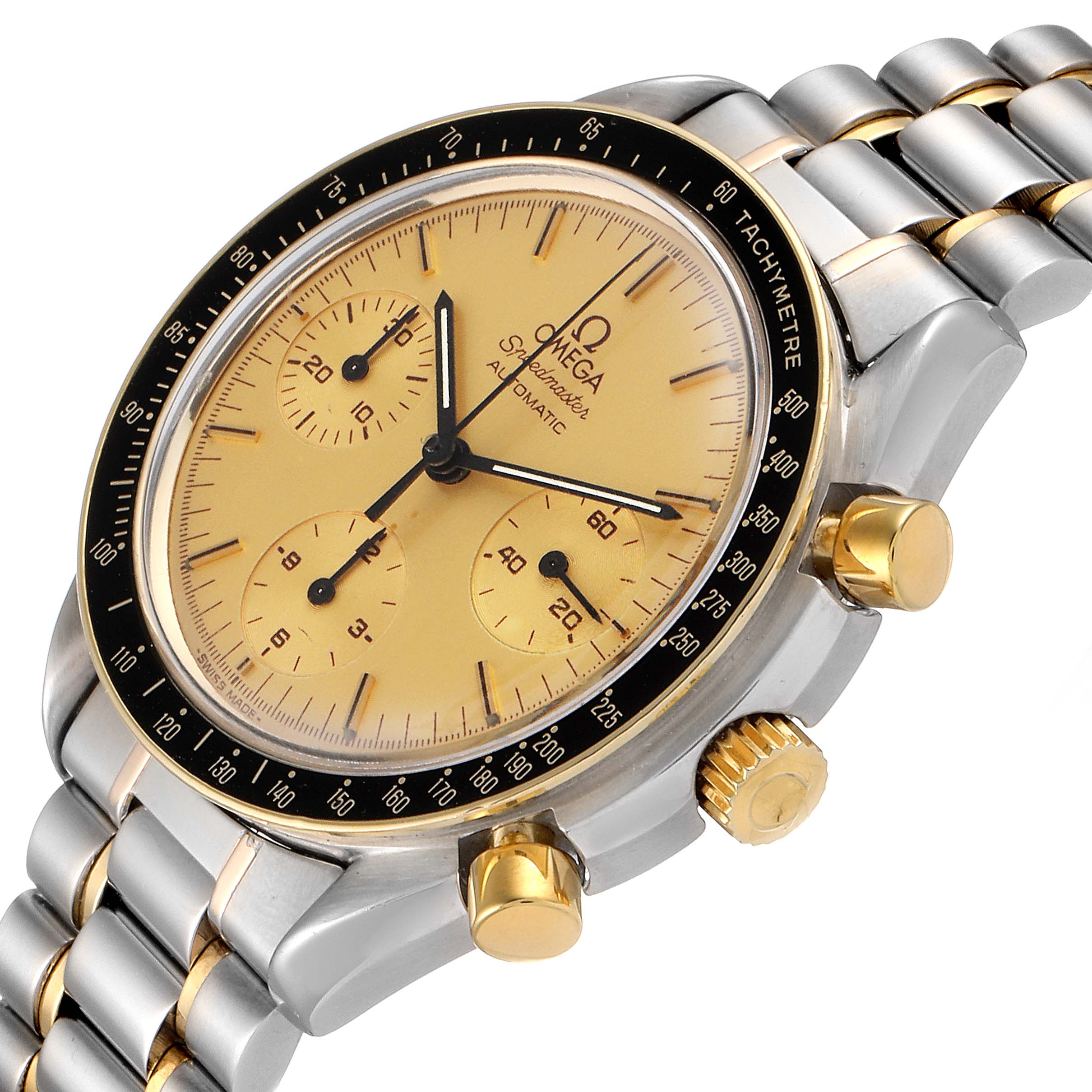 The Omega Speedmaster 3310.10.00 Men's Steel and Gold (two tone) Champagne Dial 3310.10.00 Men's Steel and Gold (two tone) Champagne Dial watch is shown at an angle highlighting the dial, bezel, chronograph subdials, and part of the two-tone bracelet.