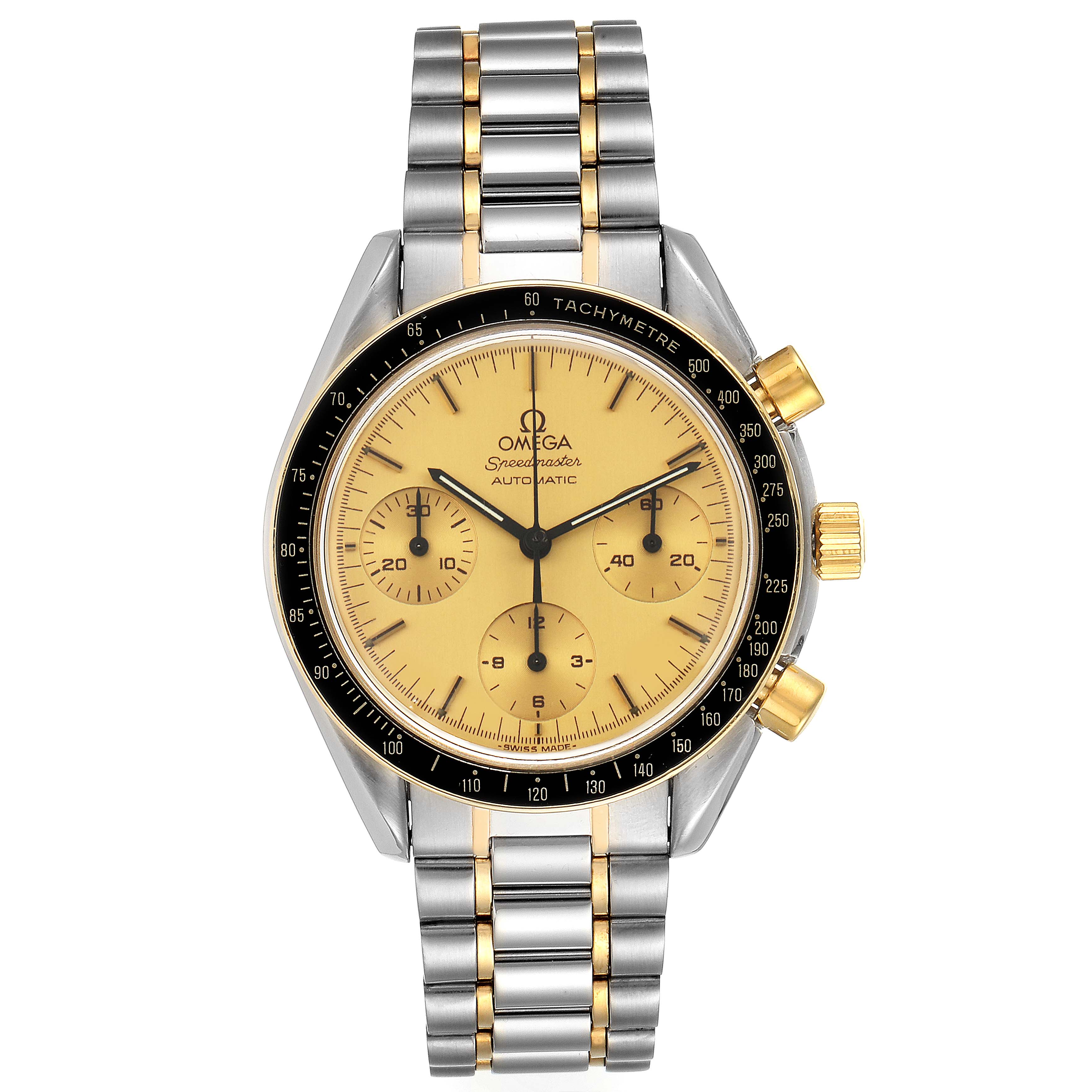 The Omega Speedmaster 3310.10.00 Men's Steel and Gold (two tone) Champagne Dial 3310.10.00 Men's Steel and Gold (two tone) Champagne Dial watch is shown from a front angle, displaying its face, bezel, crown, pushers, and metal bracelet.
