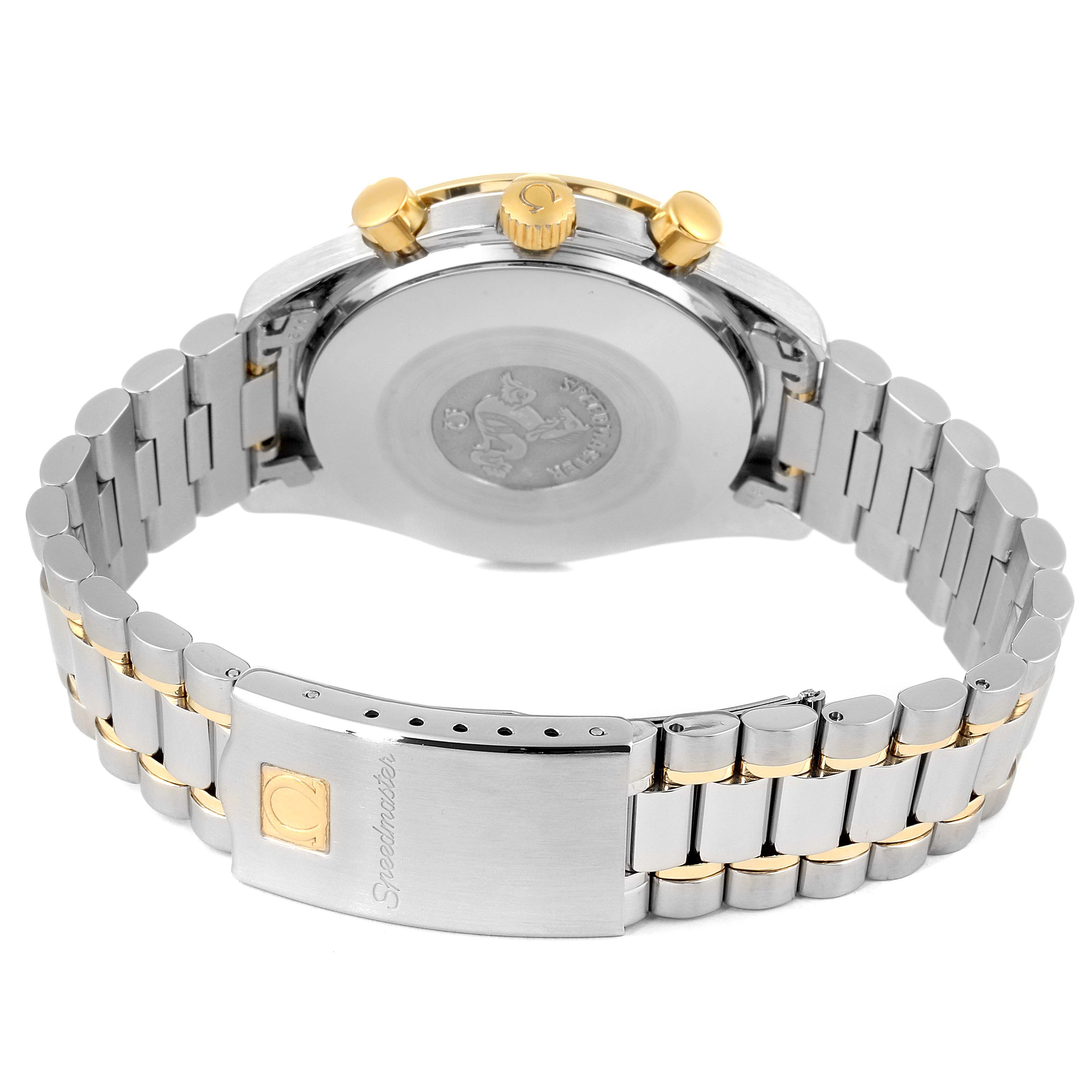 The image shows the back and side of an Omega Speedmaster 175.0033 Men's Steel and Gold (two tone) Black Dial 175.0033 Men's Steel and Gold (two tone) Black Dial watch, highlighting the case back, bracelet, and clasp.