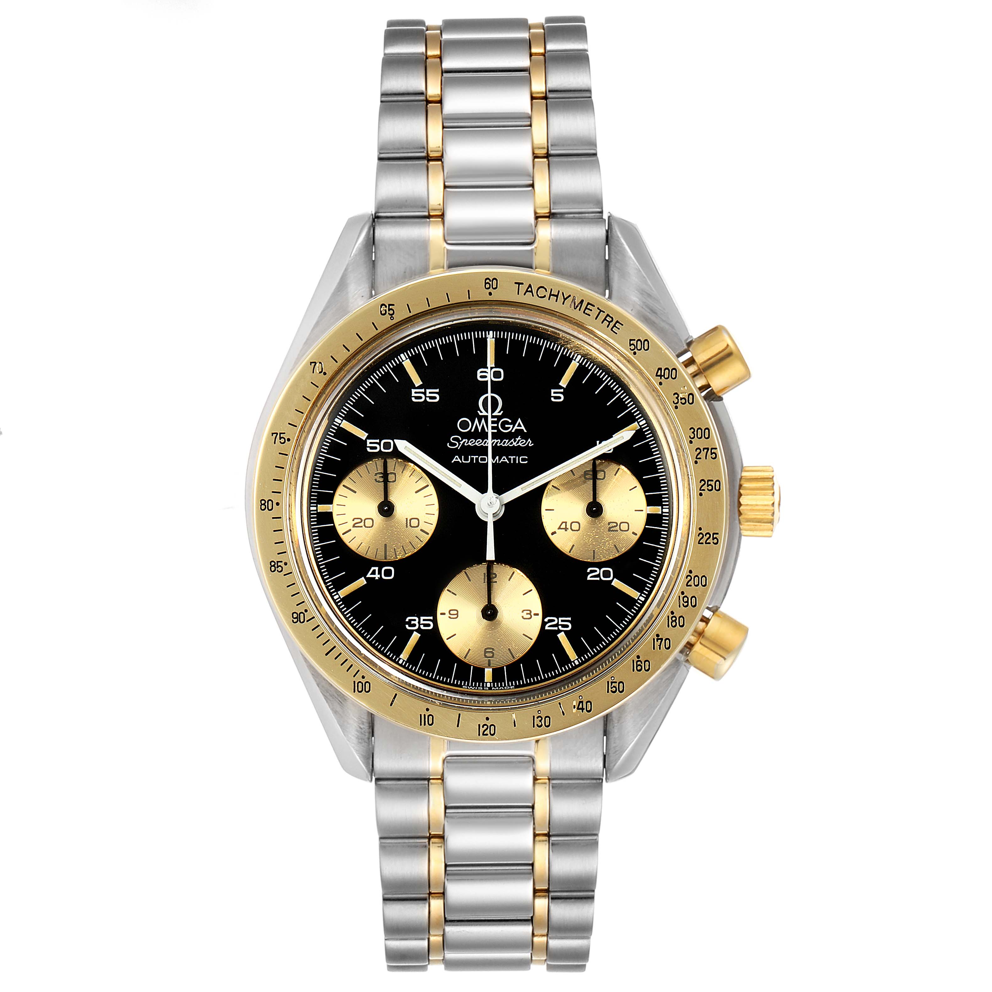 The image shows a front view of an Omega Speedmaster 175.0033 Men's Steel and Gold (two tone) Black Dial 175.0033 Men's Steel and Gold (two tone) Black Dial watch with a stainless steel and gold bracelet.