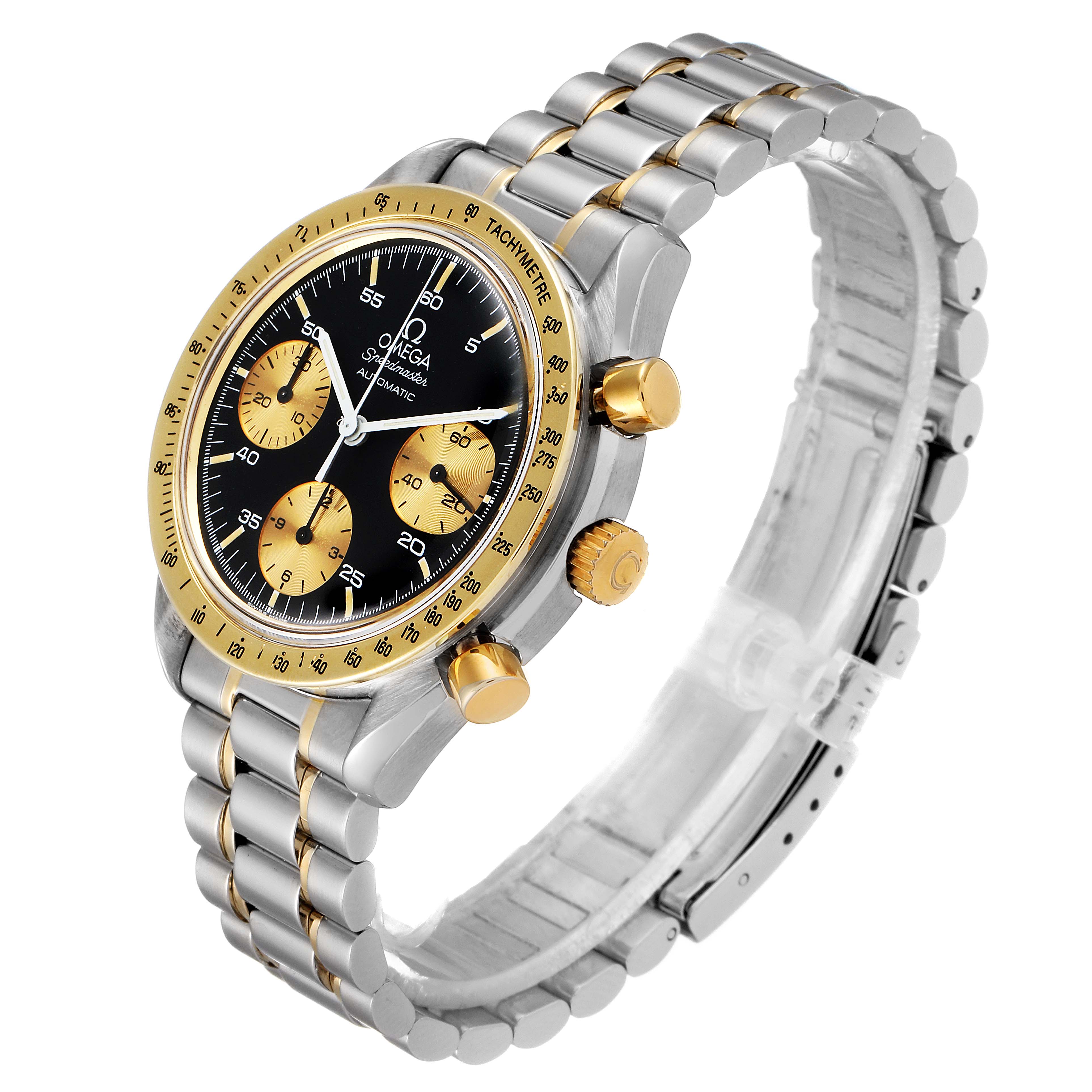 This image shows an Omega Speedmaster 175.0033 Men's Steel and Gold (two tone) Black Dial 175.0033 Men's Steel and Gold (two tone) Black Dial watch at an angle, highlighting its front face, bezel, crown, pushers, and metal bracelet.