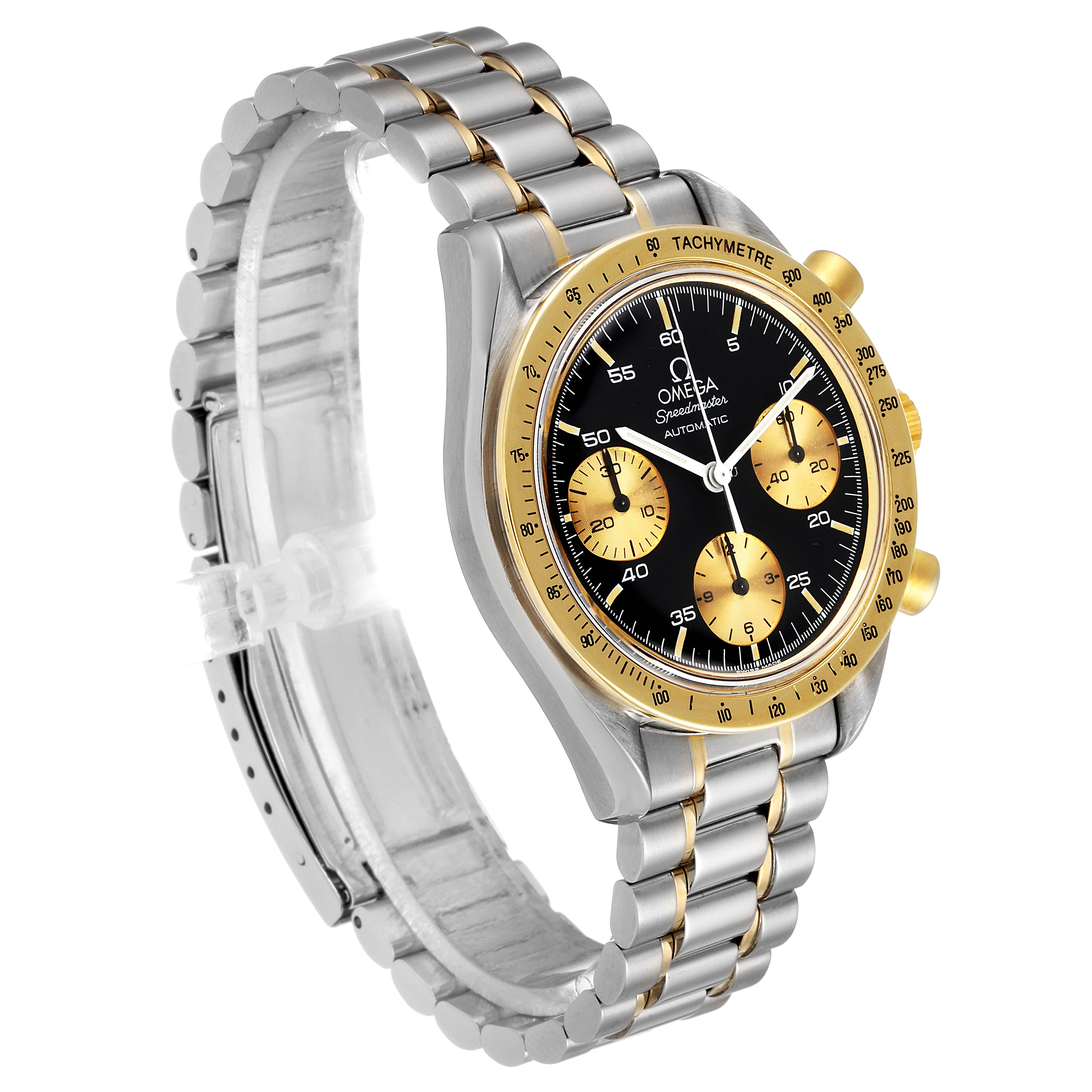 This Omega Speedmaster 175.0033 Men's Steel and Gold (two tone) Black Dial 175.0033 Men's Steel and Gold (two tone) Black Dial watch is shown at a three-quarter angle, displaying the dial, bezel, and bracelet.