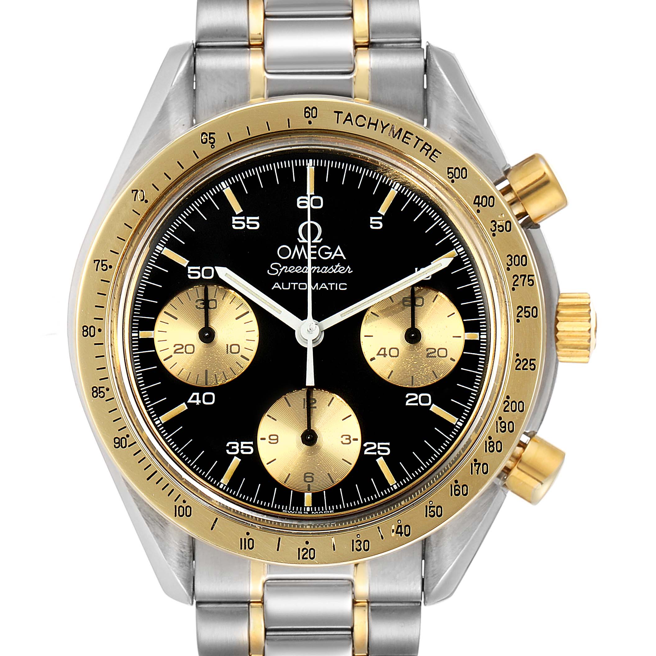 This image shows a front view of an Omega Speedmaster 175.0033 Men's Steel and Gold (two tone) Black Dial 175.0033 Men's Steel and Gold (two tone) Black Dial watch, highlighting its dial, bezel, and buttons.