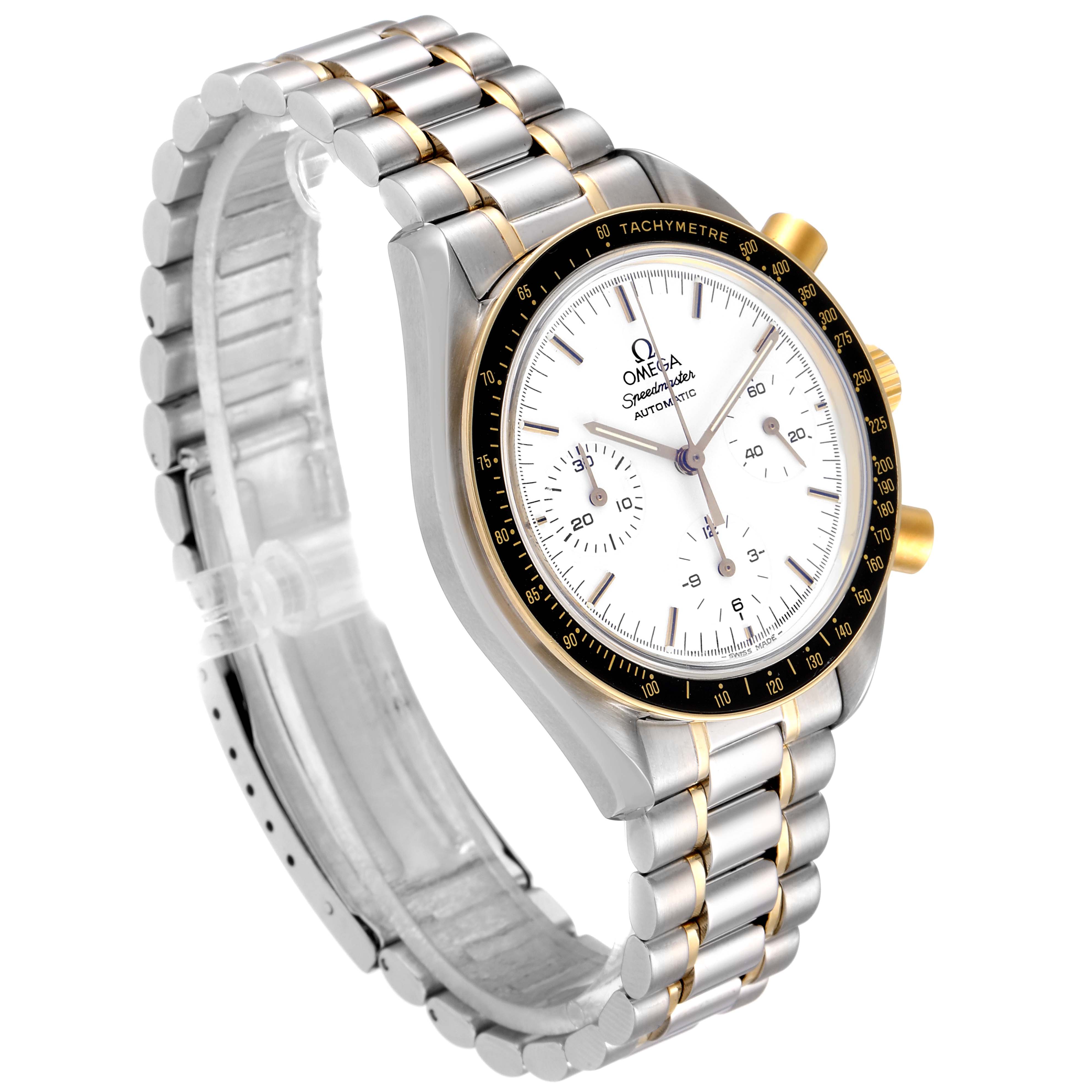The image shows an Omega Speedmaster 3310.20.00 Men's Steel and Gold (two tone) White Dial 3310.20.00 Men's Steel and Gold (two tone) White Dial watch from a slight side angle, highlighting its dial, bezel, and bracelet.