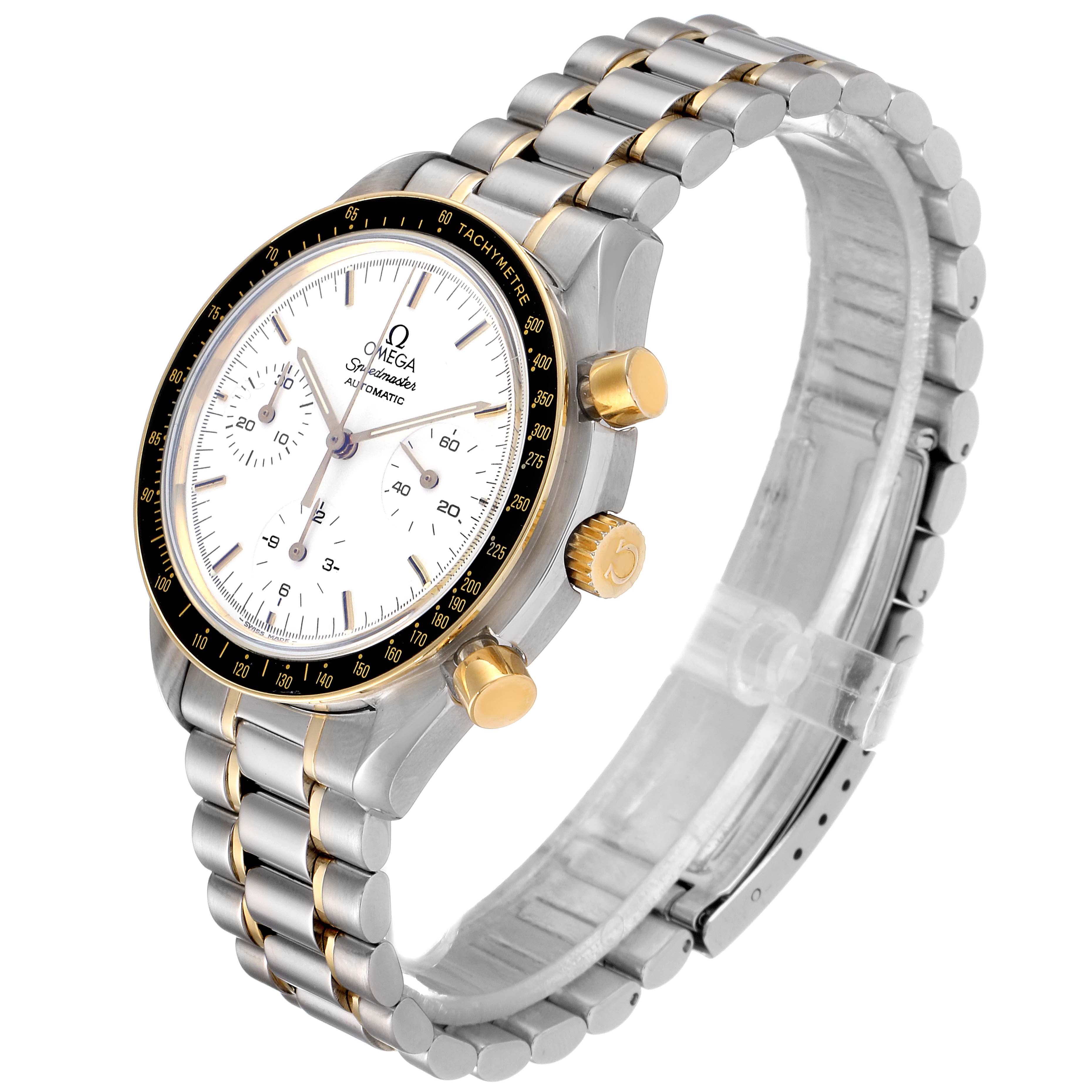 The image shows an Omega Speedmaster 3310.20.00 Men's Steel and Gold (two tone) White Dial 3310.20.00 Men's Steel and Gold (two tone) White Dial watch at an angle highlighting its face, bezel, chronograph buttons, and stainless steel bracelet with gold accents.
