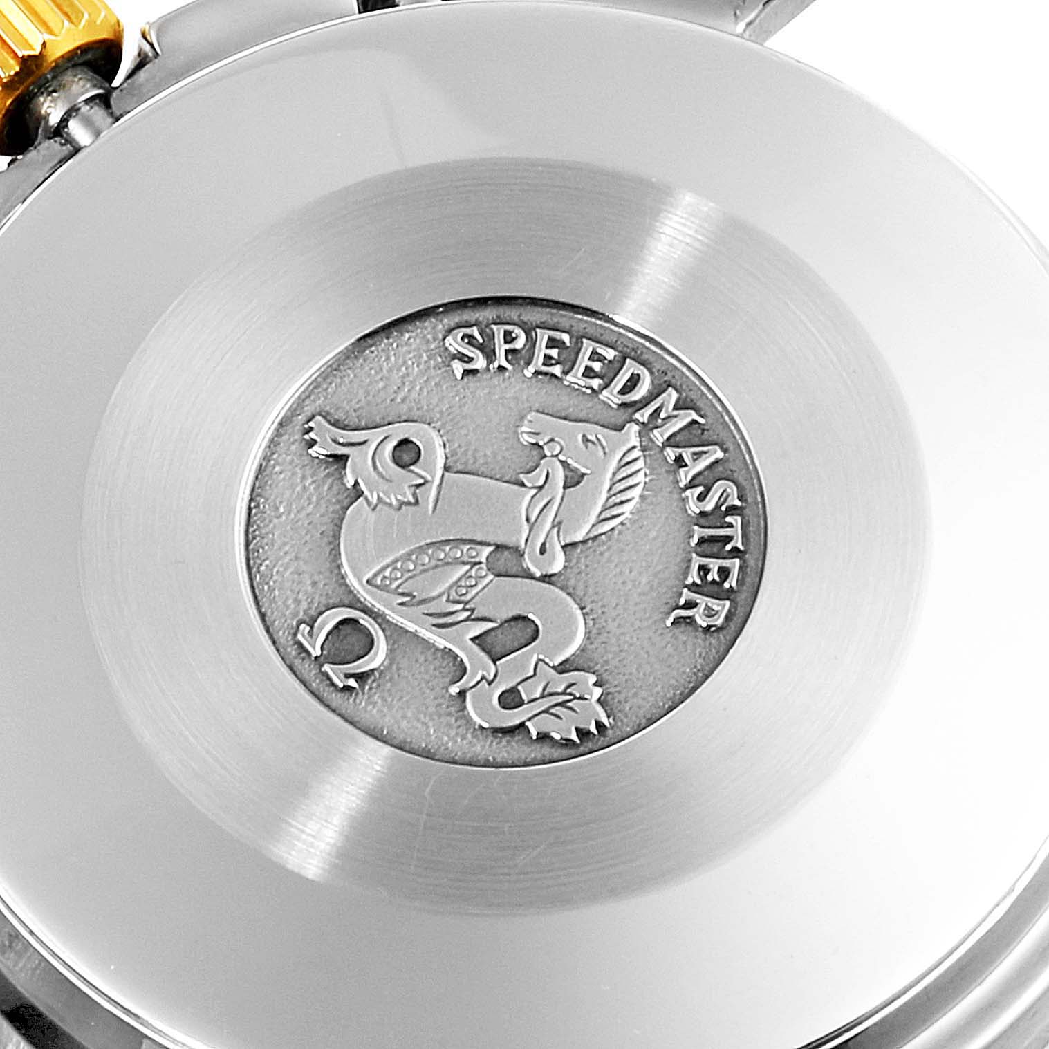 This image shows the case back of an Omega Speedmaster 3310.20.00 Men's Steel and Gold (two tone) White Dial 3310.20.00 Men's Steel and Gold (two tone) White Dial watch.