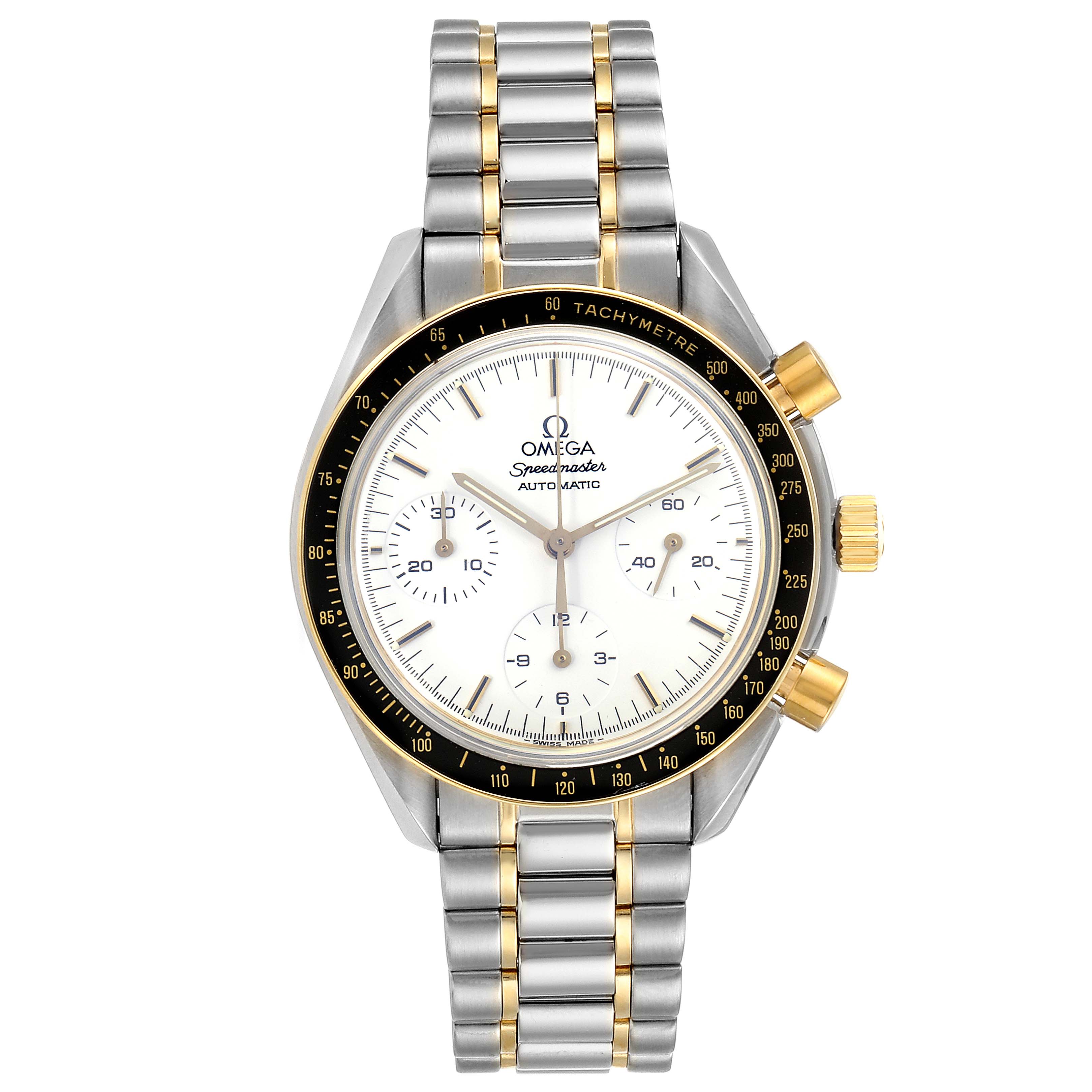 The Omega Speedmaster 3310.20.00 Men's Steel and Gold (two tone) White Dial 3310.20.00 Men's Steel and Gold (two tone) White Dial watch is shown from a front angle, displaying the dial, tachymeter, and two-tone bracelet.