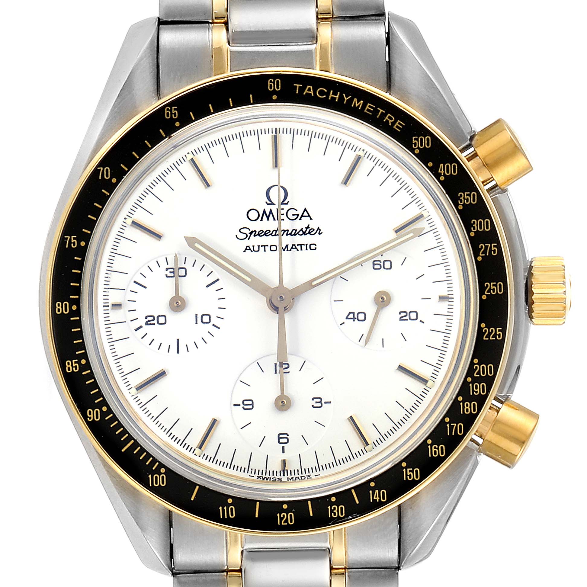 The image shows a frontal view of an Omega Speedmaster 3310.20.00 Men's Steel and Gold (two tone) White Dial 3310.20.00 Men's Steel and Gold (two tone) White Dial watch, highlighting the dial, bezel, subdials, and bracelet.