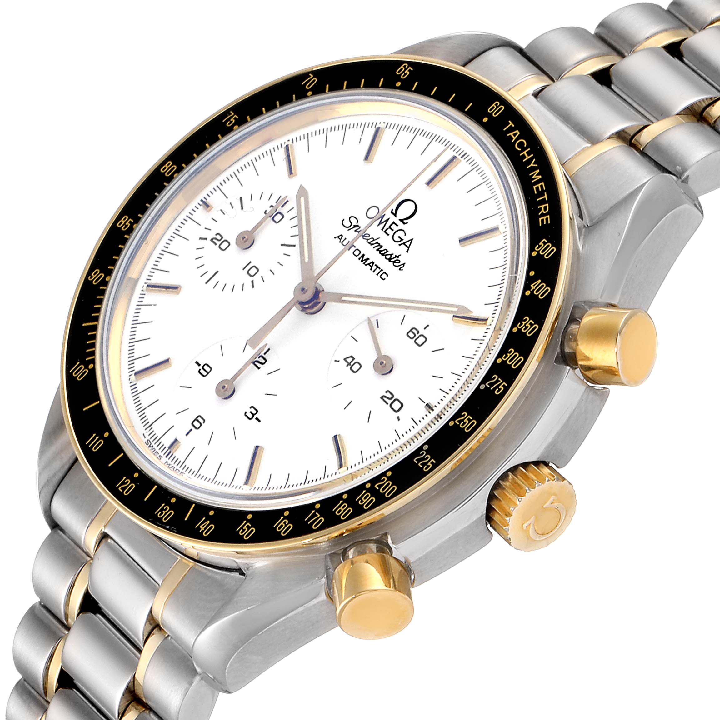The image shows an angled view of the Omega Speedmaster 3310.20.00 Men's Steel and Gold (two tone) White Dial 3310.20.00 Men's Steel and Gold (two tone) White Dial’s face, bezel, and crown, and part of its metal bracelet.