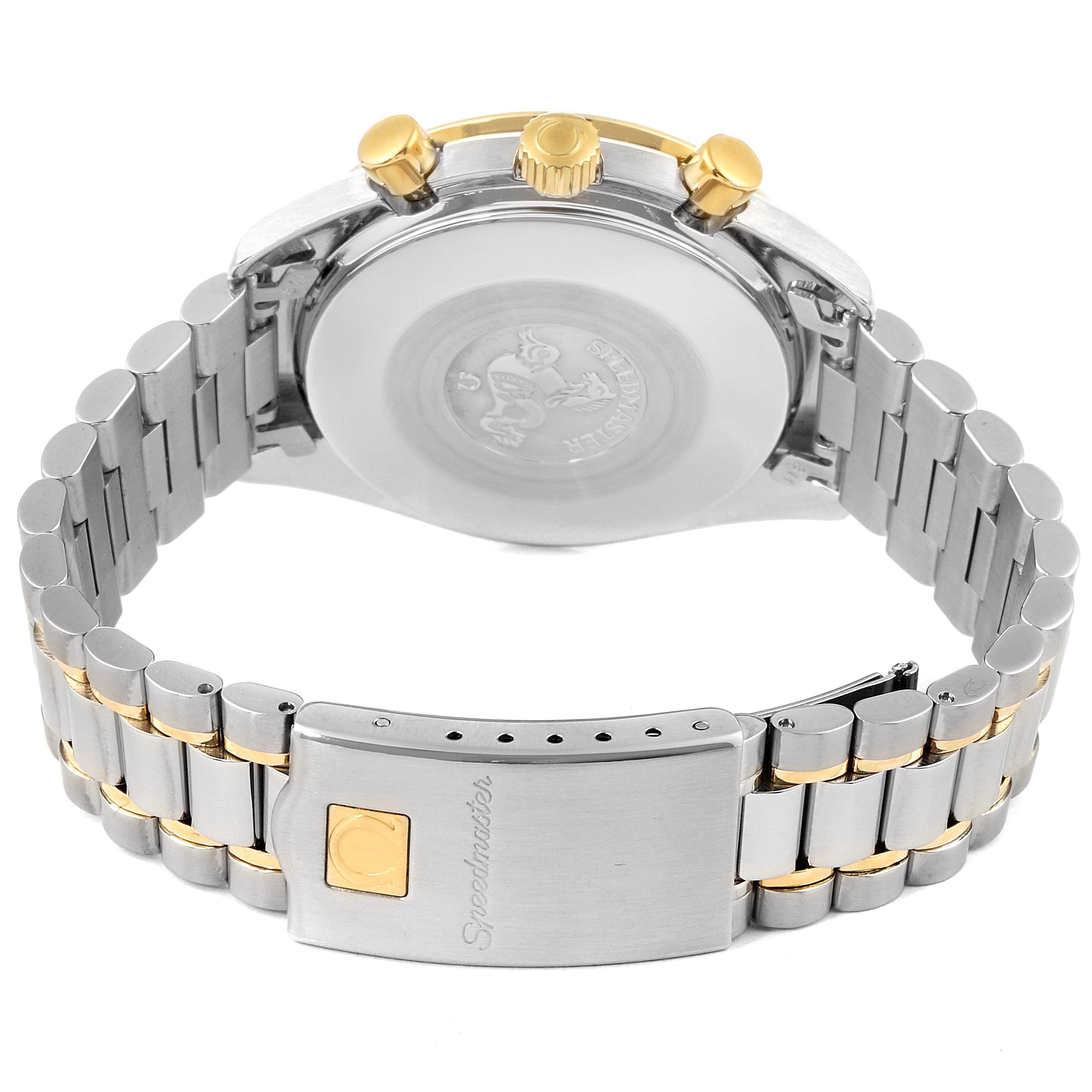 The image shows the back case and bracelet of the Omega Speedmaster 3310.20.00 Men
s Steel and Gold (two tone) White Dial 3310.20.00 Men
s Steel and Gold (two tone) White Dial watch, viewed from an angled rear perspective.