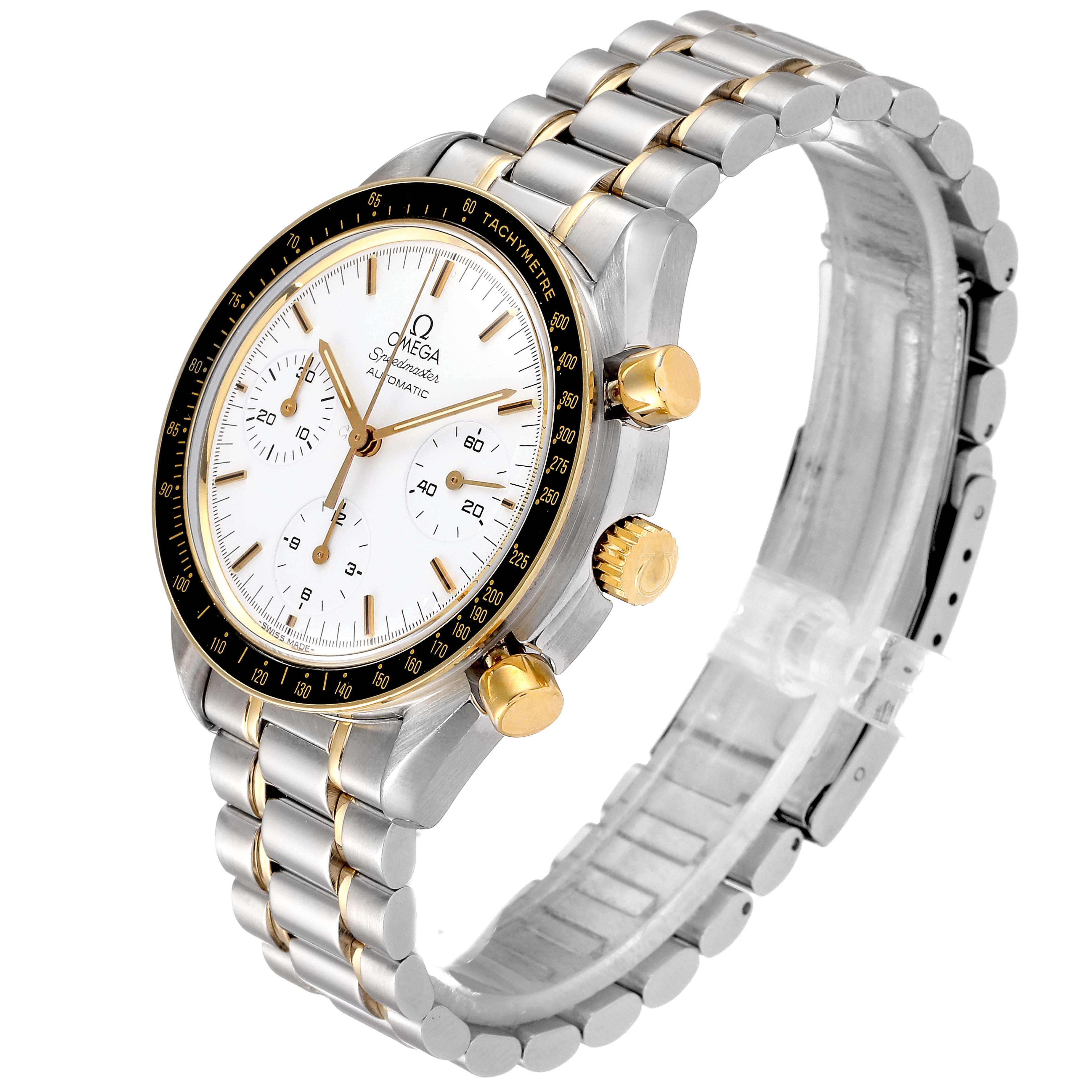 The Omega Speedmaster 3310.20.00 Men
s Steel and Gold (two tone) White Dial 3310.20.00 Men
s Steel and Gold (two tone) White Dial watch is shown at a slight angle, highlighting its face, bezel, and bracelet.