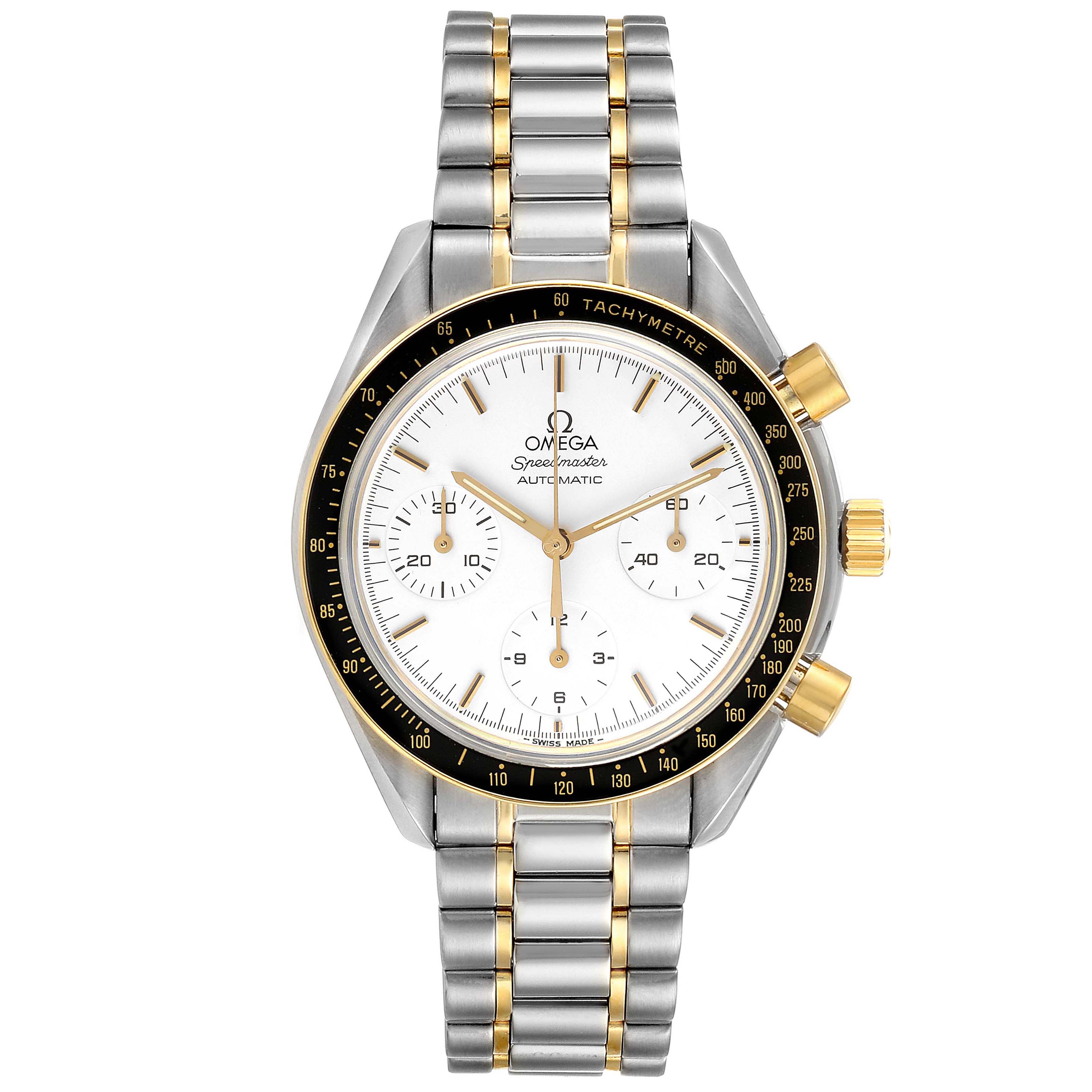 The image shows a front view of an Omega Speedmaster 3310.20.00 Men
s Steel and Gold (two tone) White Dial 3310.20.00 Men
s Steel and Gold (two tone) White Dial watch, highlighting its dial, bezel, subdials, and bi-color bracelet.