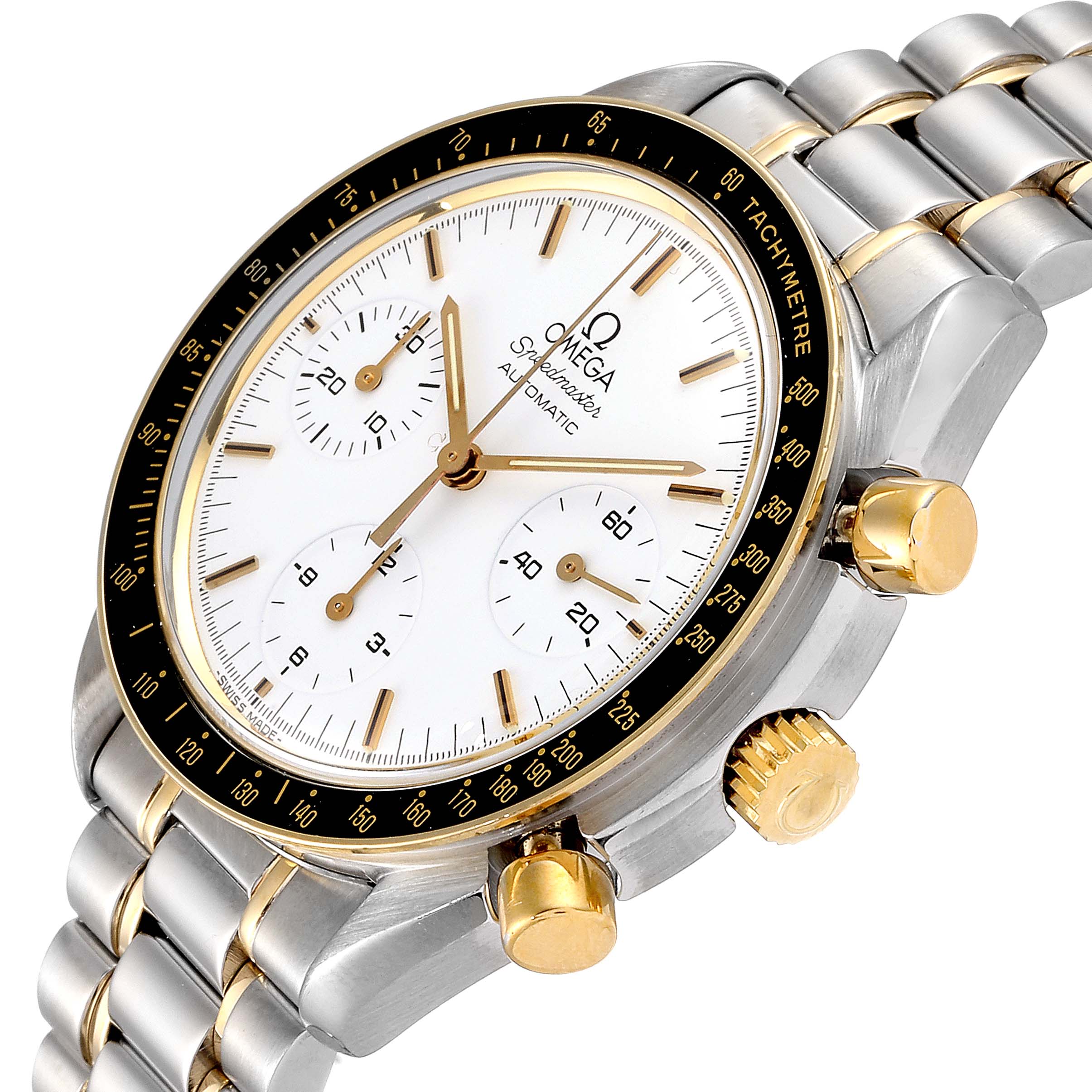 The Omega Speedmaster 3310.20.00 Men
s Steel and Gold (two tone) White Dial 3310.20.00 Men
s Steel and Gold (two tone) White Dial watch is shown at a slightly tilted angle, highlighting the face, bezel, crown, pushers, and the metal bracelet.