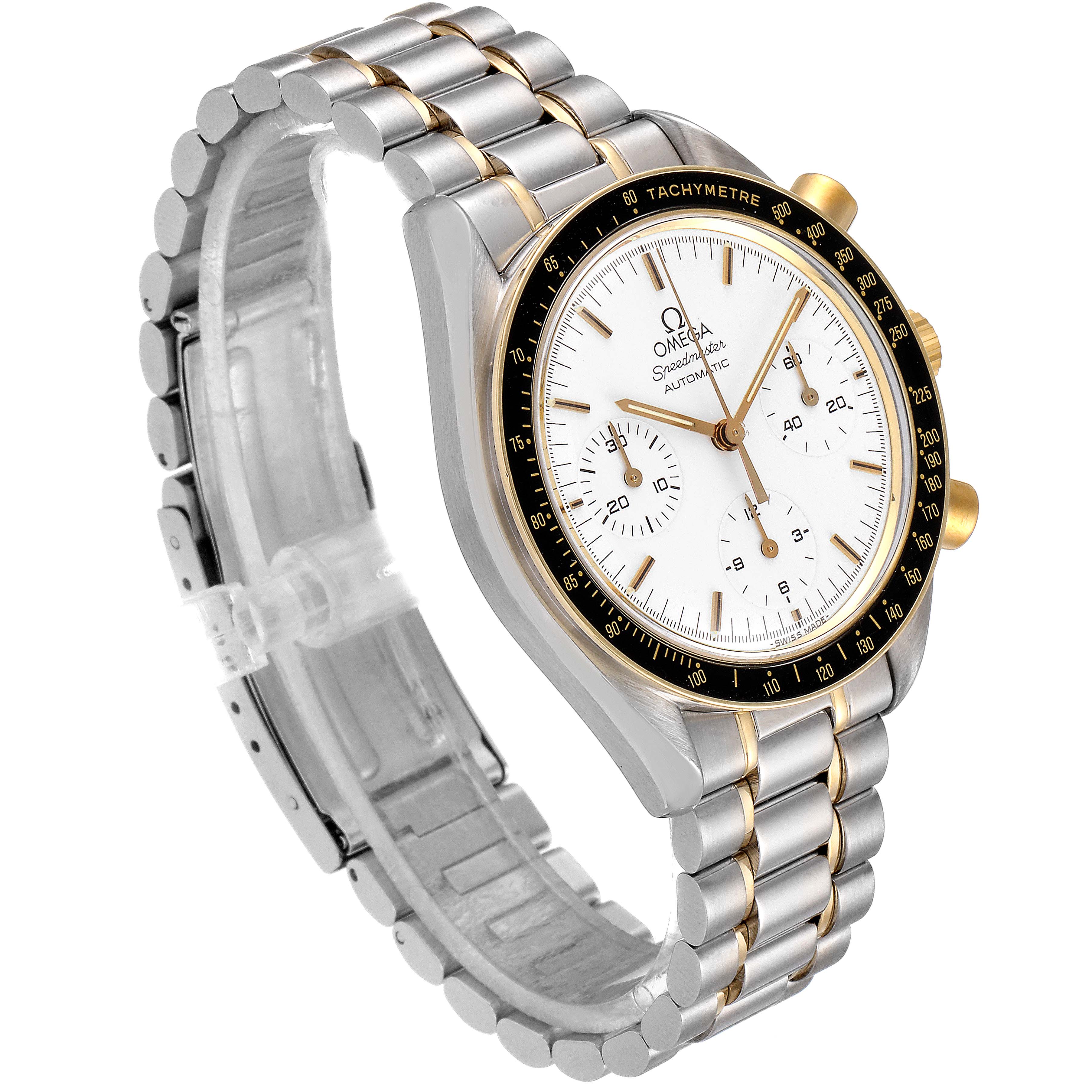 The image shows an angled view of an Omega Speedmaster 3310.20.00 Men
s Steel and Gold (two tone) White Dial 3310.20.00 Men
s Steel and Gold (two tone) White Dial watch, highlighting its face, bezel, chronograph dials, and bracelet.