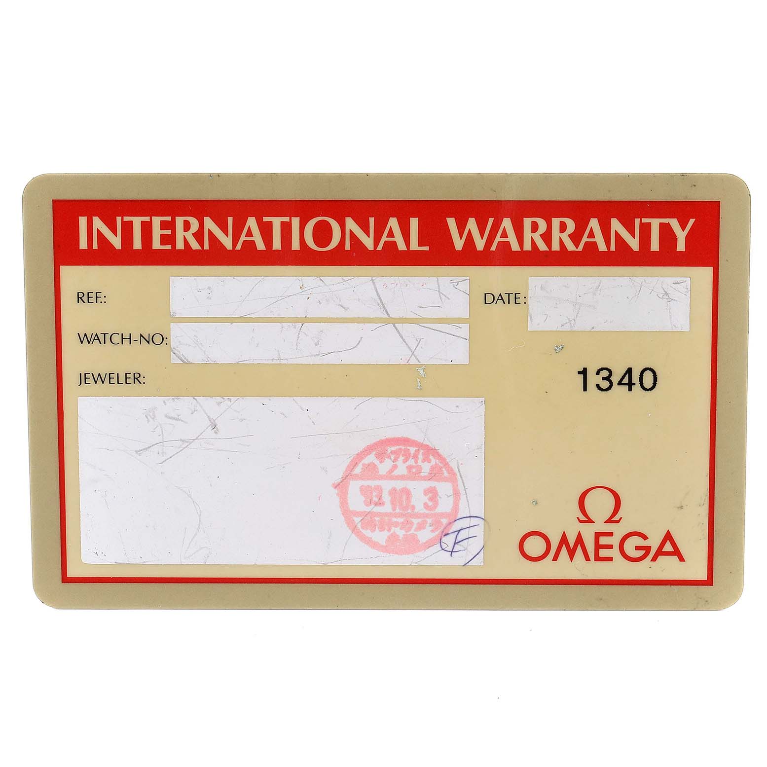 This image is of an Omega Speedmaster 3330.20.00 Men's Steel and Gold (two tone) White Dial 3330.20.00 Men's Steel and Gold (two tone) White Dial International Warranty card.