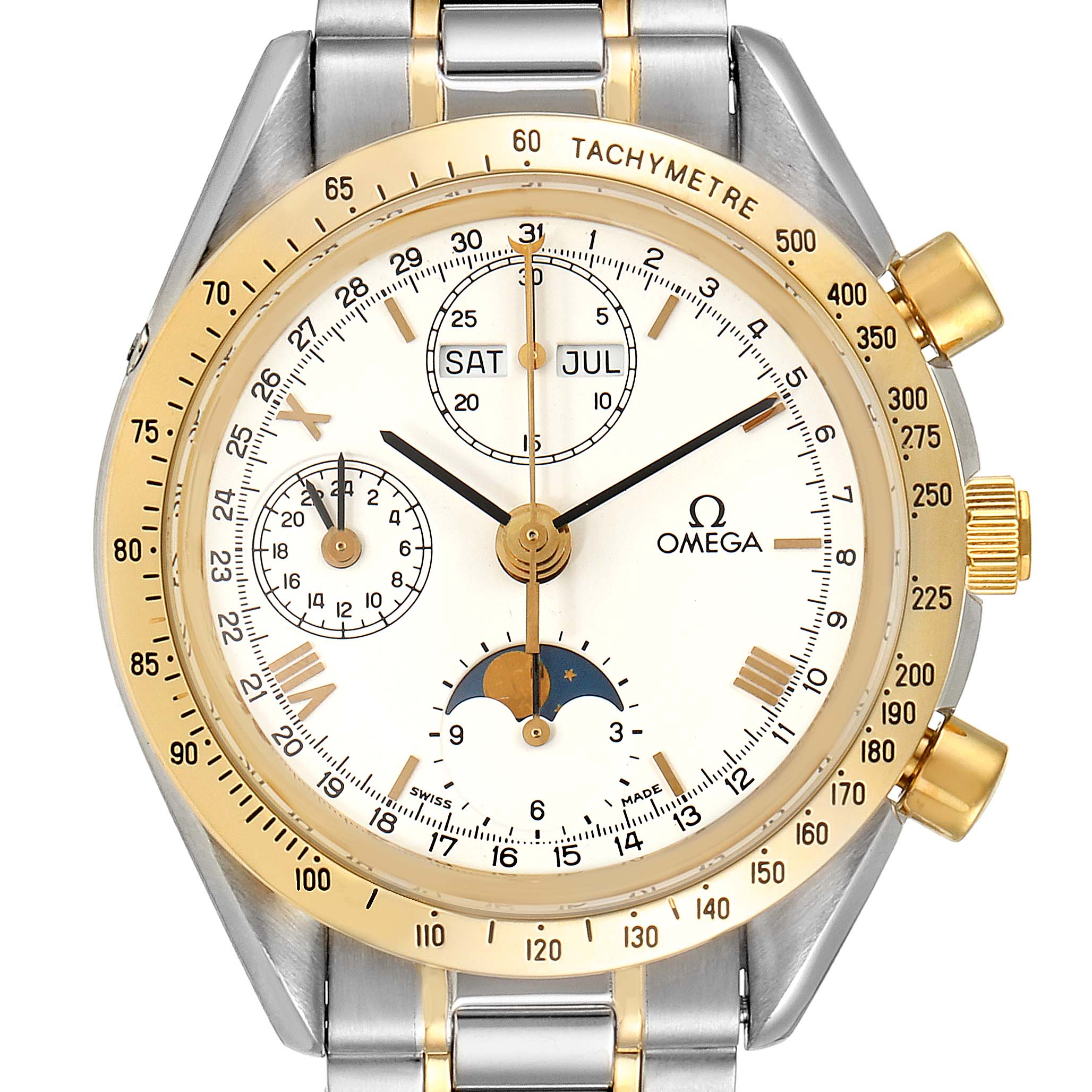 The image shows a frontal view of the Omega Speedmaster 3330.20.00 Men's Steel and Gold (two tone) White Dial 3330.20.00 Men's Steel and Gold (two tone) White Dial watch, highlighting its dial, bezel, sub-dials, and tachymeter.