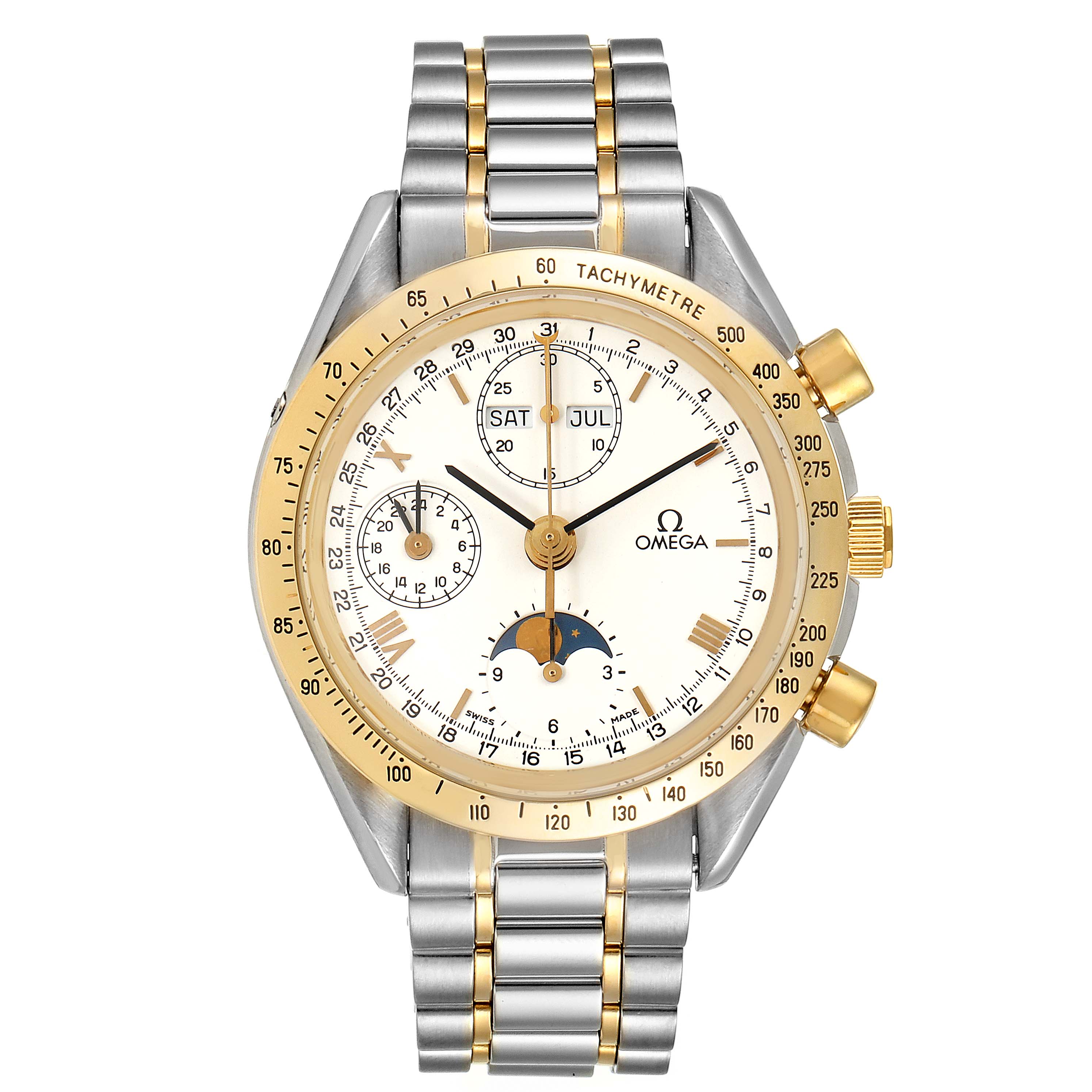 The Omega Speedmaster 3330.20.00 Men's Steel and Gold (two tone) White Dial 3330.20.00 Men's Steel and Gold (two tone) White Dial watch is shown from a top-down angle, displaying its face, bezel, and two-tone metal bracelet.
