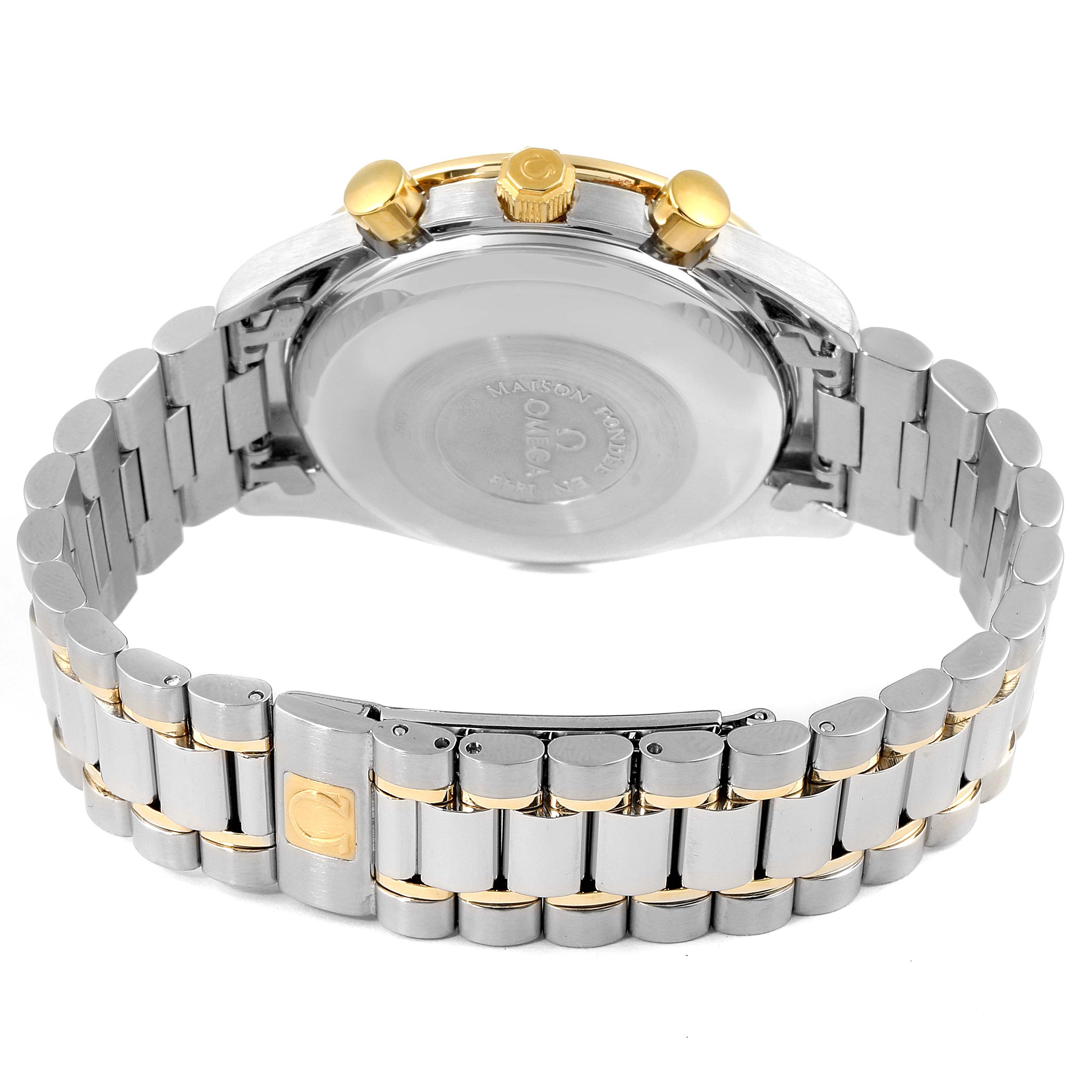 This image shows the back and bracelet of an Omega Speedmaster 3330.20.00 Men's Steel and Gold (two tone) White Dial 3330.20.00 Men's Steel and Gold (two tone) White Dial watch, highlighting the clasp and crown.