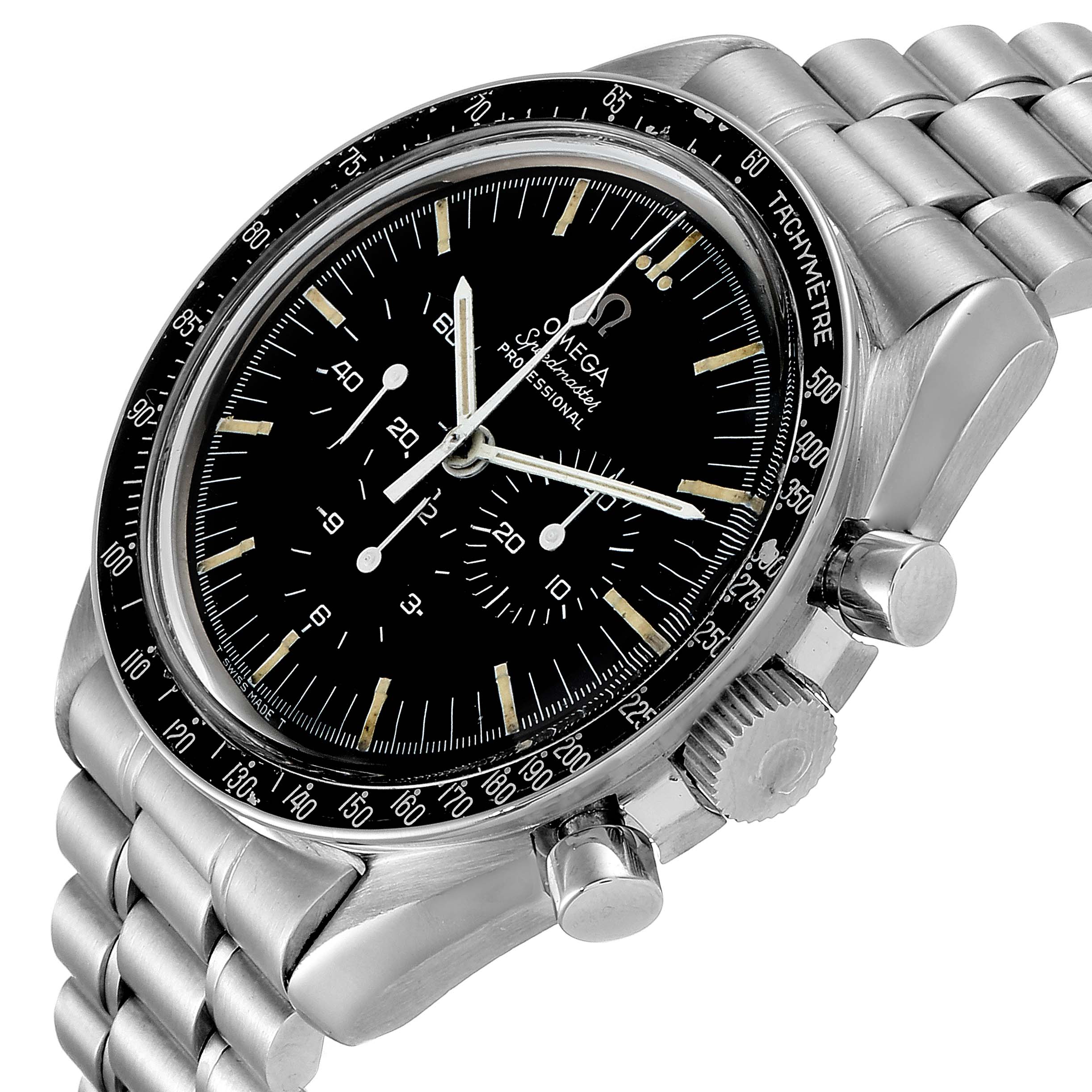 This image shows an angled view of the Omega Speedmaster 145.022 Men's Stainless Steel Black Dial 145.022 Men's Stainless Steel Black Dial watch, highlighting the dial, bezel, crown, pushers, and bracelet.